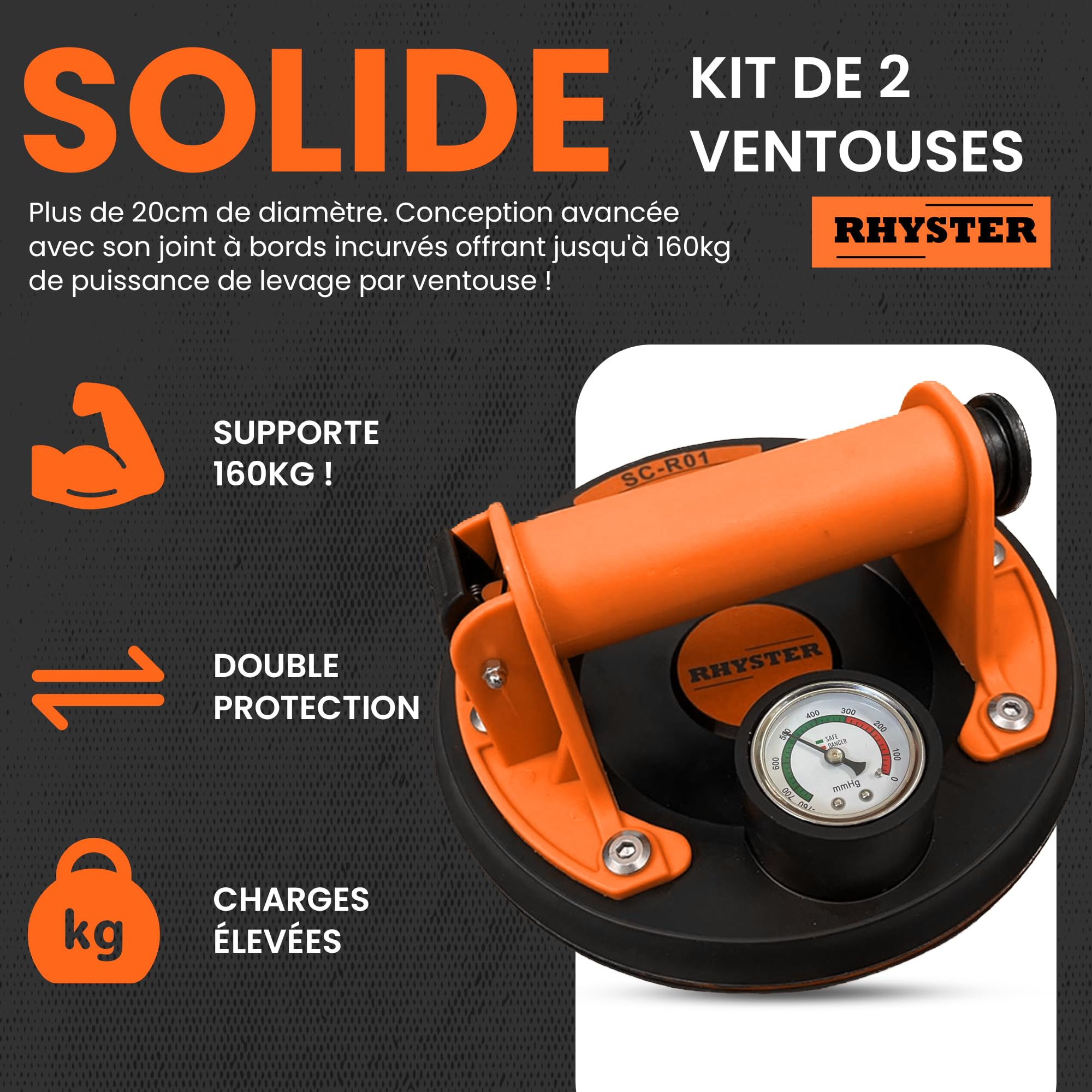 2x Ventouses Carrelage avec Manomètre et Jauge Sécurité - Diamètre 200mm - Supportent Jusqu'à 300KG - Idéal pour Carrelage, Vitres, Pare-brise, Meubles - Kit de Remplacement de Valve Inclus