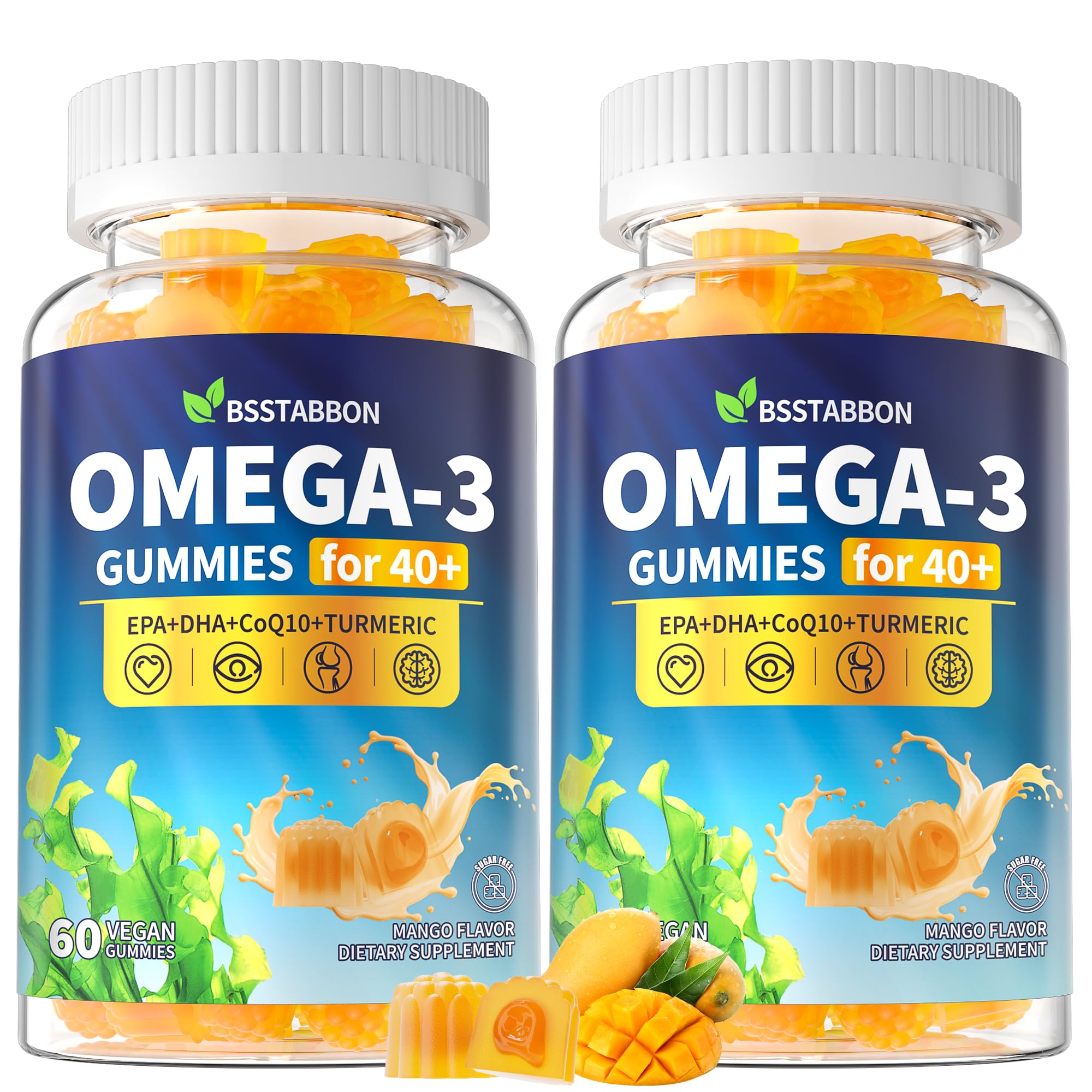 Vegan Omega 3 Gummies for Adult 40+: 1280mg Algae Omega 3 EPA DHA Mango 60 Count (Pack of 2)