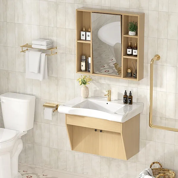 Findepot 30" Floating Vanity ADA Compliant Modern Wall-Mount Small Bathroom Vanity with Ceramics Sink Modern Hand & Mirror Cabinet Combo with Two Doors for Elderly, Seniors, Handicap & Disabled
