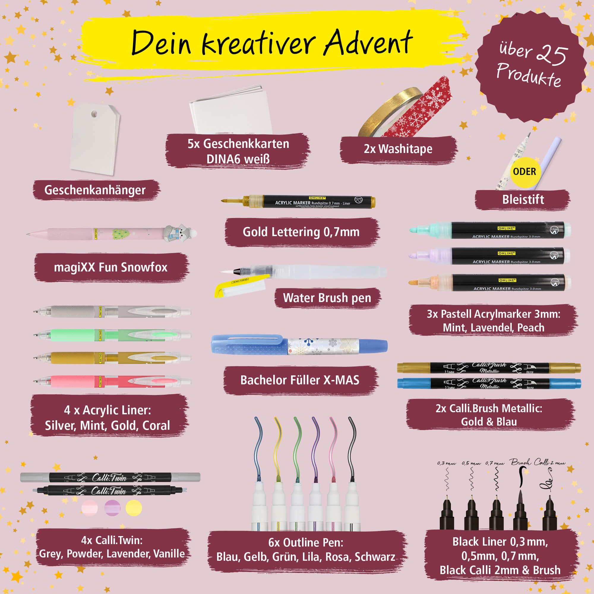 ONLINE Handlettering Calendario dell'Avvento 2026, creativo per adolescenti, ragazze, ragazzi e adulti, calendario dell'Avvento con oltre 25 prodotti, calligrafia, lettering e tutorial