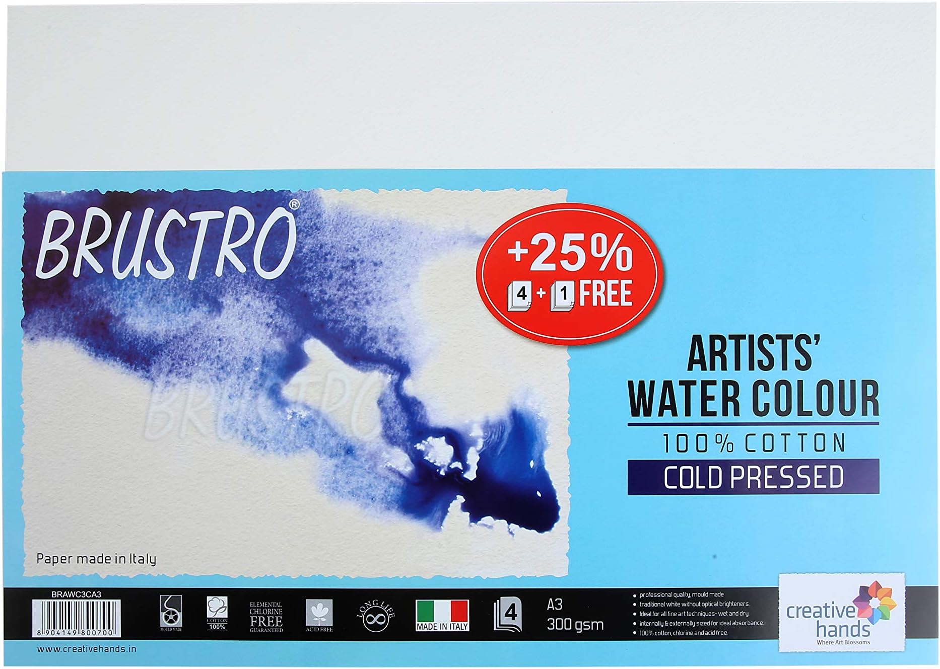 Brustro 100 Cotton Artists Watercolour Paper 300 GSM Cold Pressed A3 (Pack of 4 + 1) Amazon