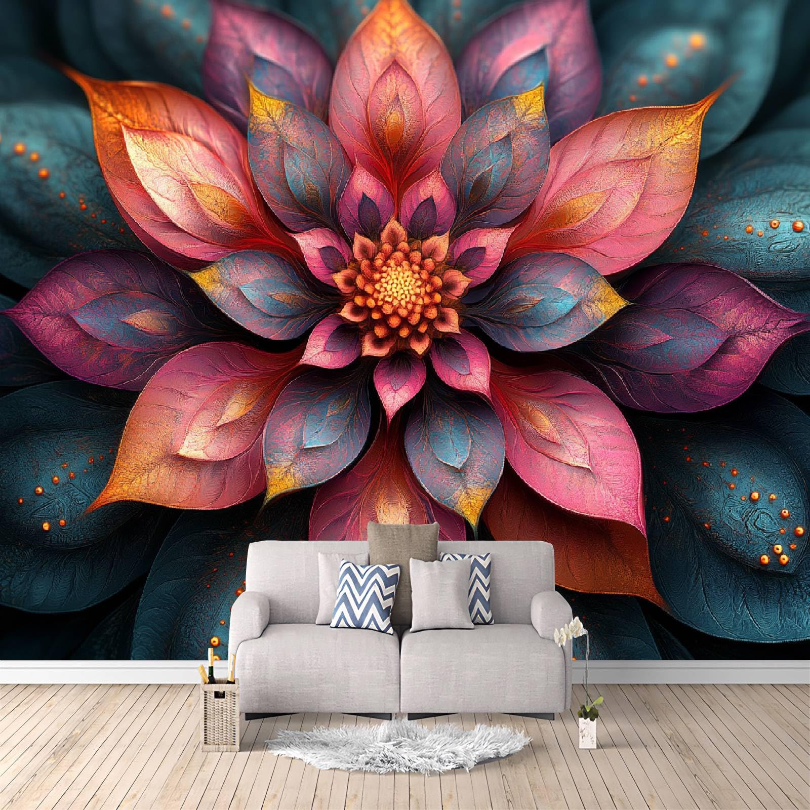 Fototapeta XXL, 500 x 280 cm, kwiaty, panorama, salon, sypialnia, tapeta ścienna, mandala, tapeta z włókniny, ciemna, gotycka estetyka, odporna na promieniowanie UV, bezzapachowa, gotowa do montażu