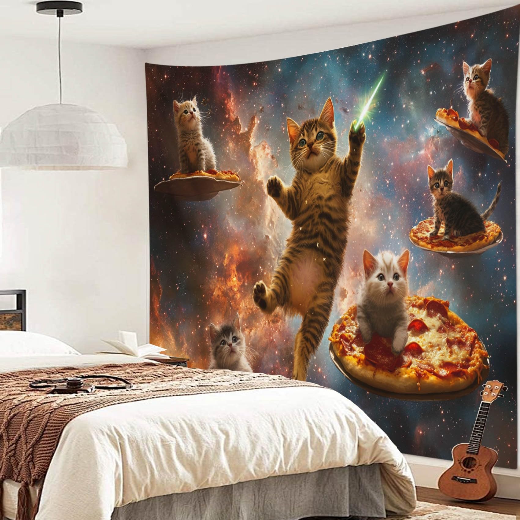 Tapiz Gato espacial, galaxia, animales, gatos en pizza Tapiz De Pared 2XL
