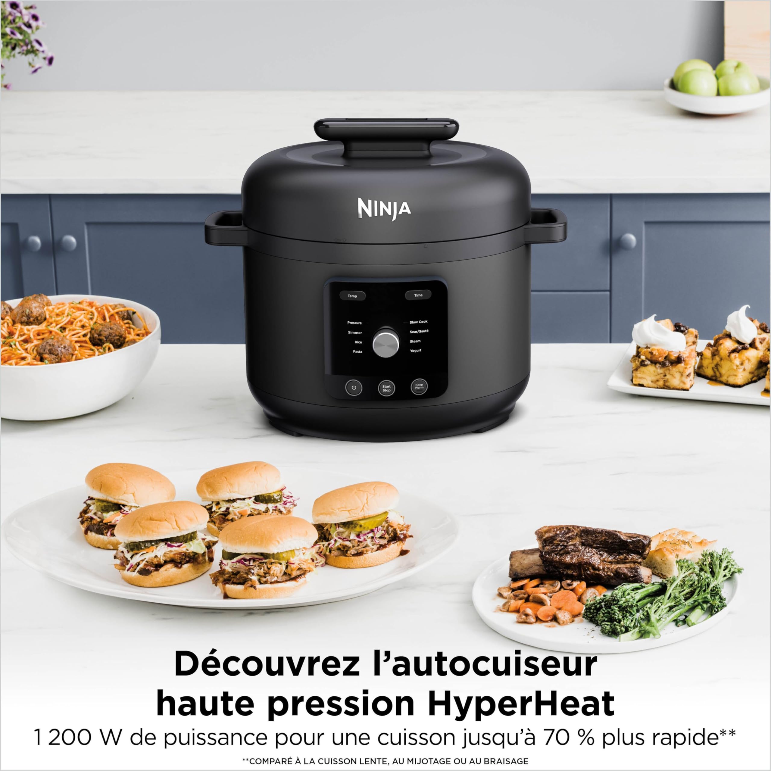 Ninja HyperHeat Autocuiseur Électrique, Mijoteuse, Cuiseur à Riz 9-en-1 de 6 l avec Grille de Cuisson Vapeur et Cuve de Cuisson Amovible Lavable au Lave-Vaisselle, Pour le yaourt, le Riz, Noir PC201EU