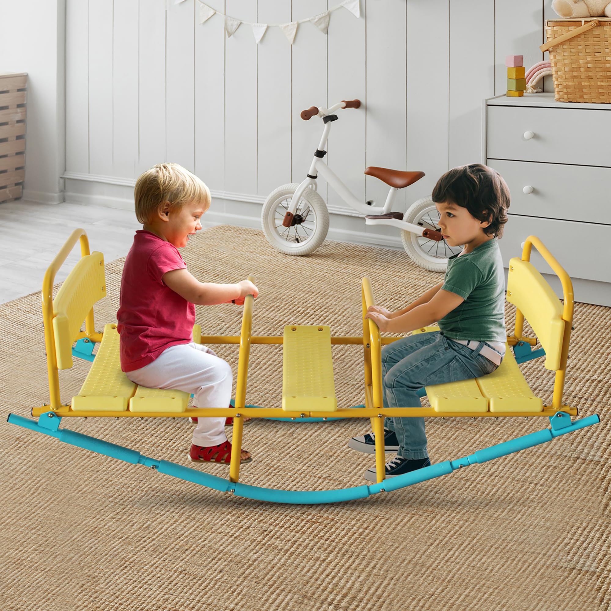 Balançoire à Bascule 3 Places, Dossiers et Poignées, Trébuchet en Métal pour Jardin, Salon, École – Assise Confortable, Anti-Rouille–Balancoire Exterieur avec 3 Sièges pour Enfant 3-8 Ans
