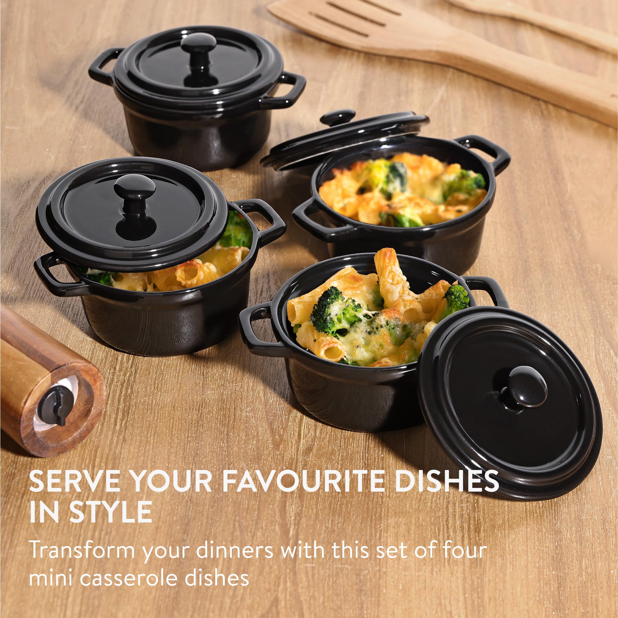 Navaris Mini Cazuelas de Cocina - 4x Cacerola Horno con Tapa de Cerámica - Cazuelitas Individuales 14 x 11 x 7 cm - Cacerolas para Lasagna Postres Sopas - 4x Cazuela Cocotte Negra