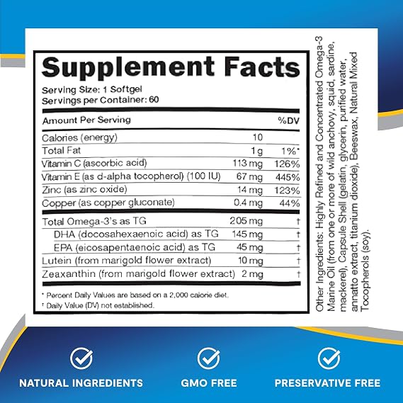 Lipotriad Adult 50+ Eye Vitamin and Mineral Supplement - ONE Per Day Eye Vitamin w/10mg Lutein, Zeaxanthin, Omega 3, Vitamin C, E, Zinc Copper - 2mo Supply, 60 Softgels | Daily Eye Vitamin with 10 mg Lutein, Zeaxanthin, Omega 3, Vitamin C, E, Zinc & Copper (60-Day Supply)