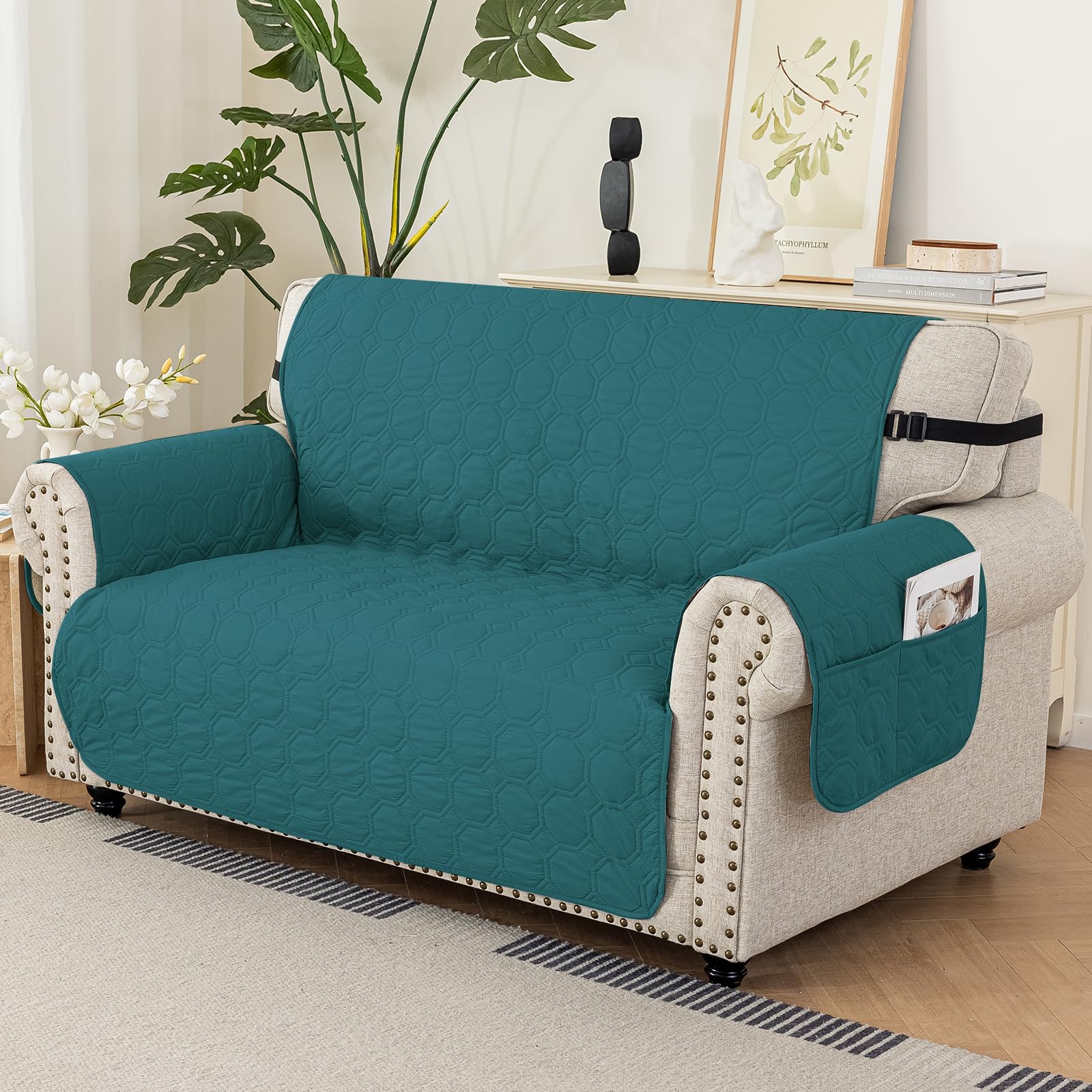 Ystyle Copridivano Impermeabile 3 Posti Con Braccioli, Copri Divano Antigraffio Gatto Con Tasche Laterali, Sofa Cover Antiscivolo, Universale Copridivani Mobili Protector, Verde Scuro
