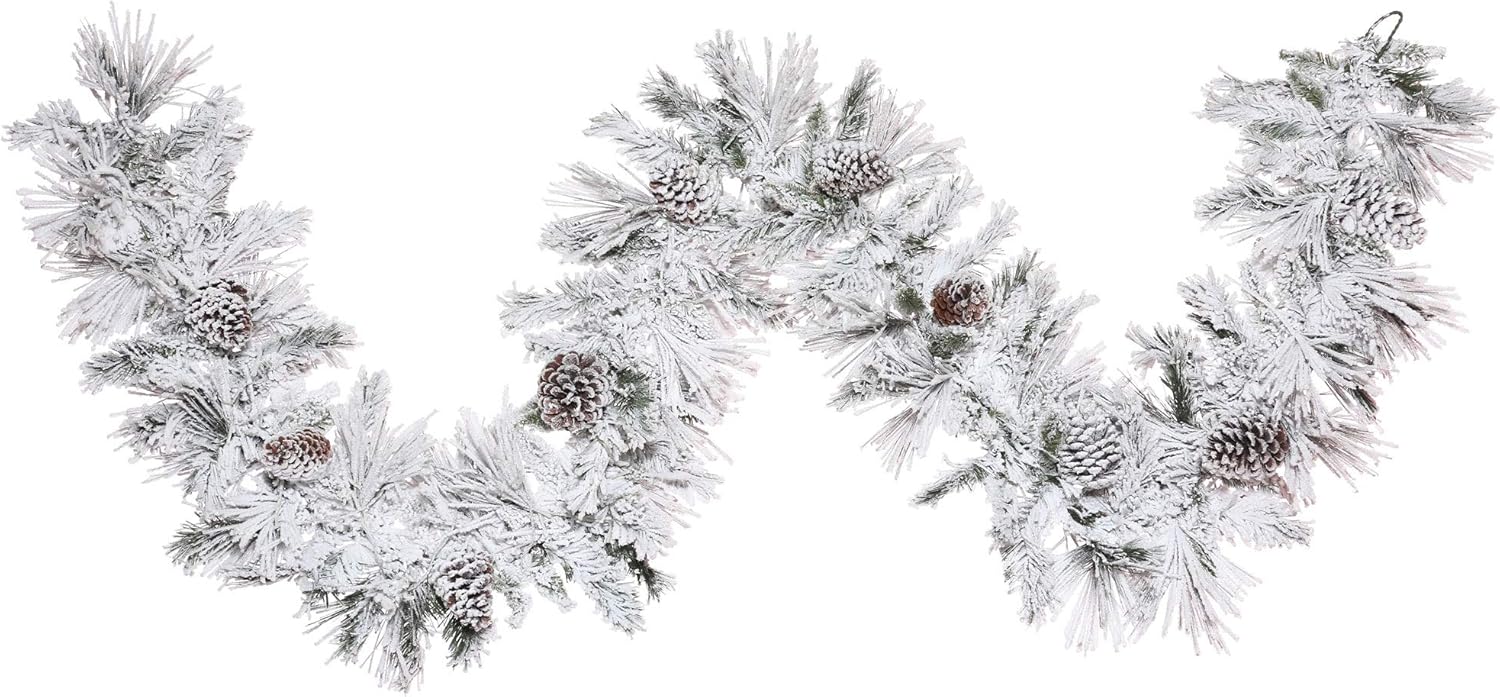 Vickerman 9' x 14" Flocked Atka Artificial Christmas Garland, Unlit - Faux Flocked Christmas Garland - Garland with Pinecones - Indoor Seasonal Home Decor