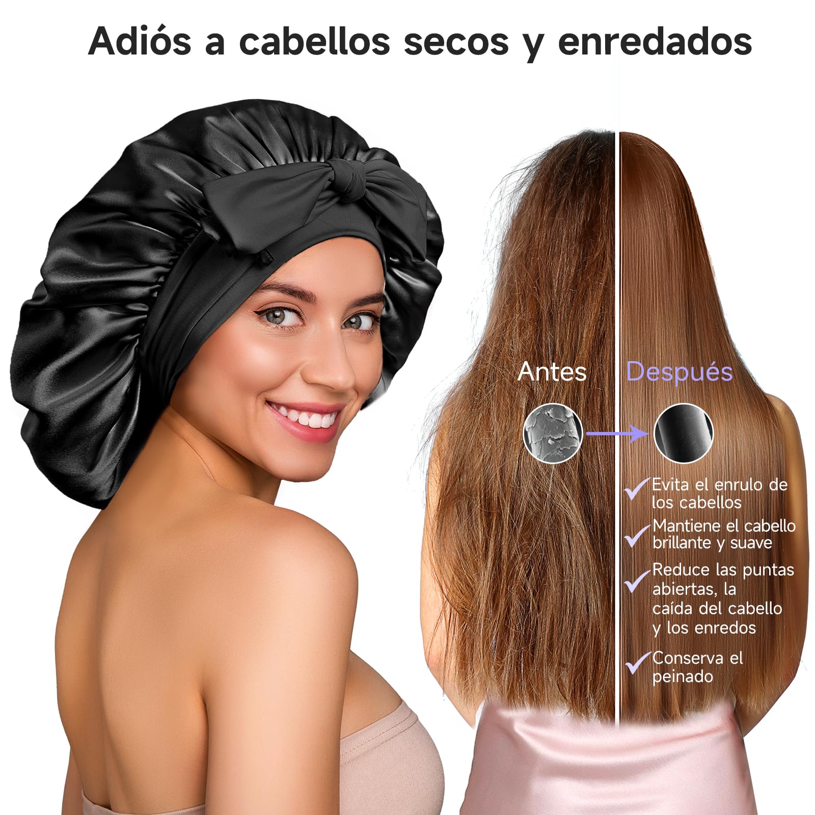 Umisleep Gorro de Seda para Dormir, 22 Mommes, Gorro Nocturno de Seda de Morera, Doble Seda Suave para Cabello Rizado, Transpirable, Banda Ancha Ajustable para Fijar en la Cabeza, Negro