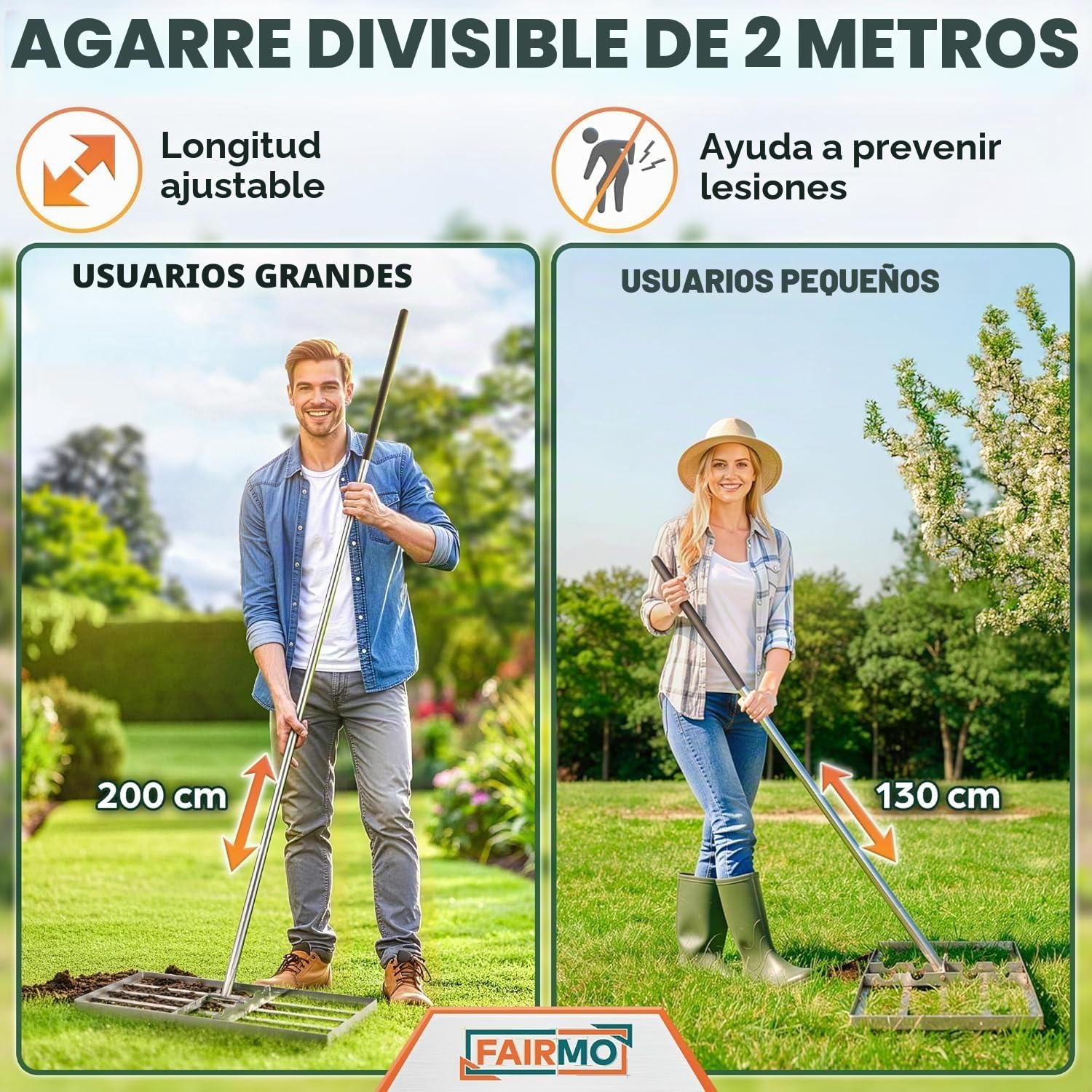 La práctica rasqueta para césped de Acero Inoxidable (75 x 35 cm) de Fairmo [para césped Verde Intenso] – Rasqueta para césped con Mango de 2 Metros – Cuidado del césped con rastrillo de nivelación –