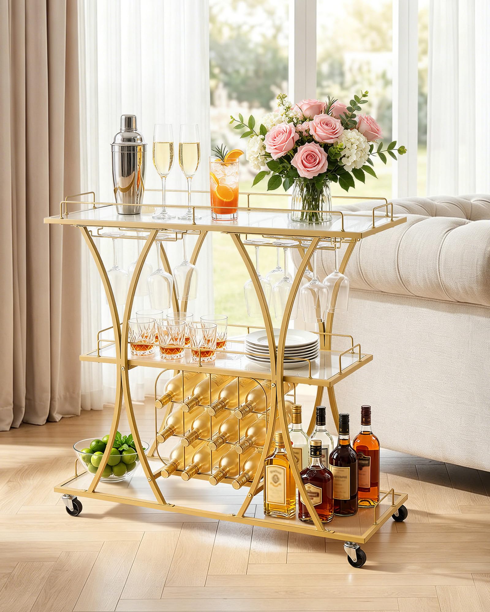 VEVOR Carro de Bebidas con Botellero de 3 Niveles, Carrito de Servicio con Ruedas, Estantes de Vidrio Espejado, Soporte para Copas, para Sala de Estar, Comedor, Cocina, 100 x 35 x 94 cm, Dorado