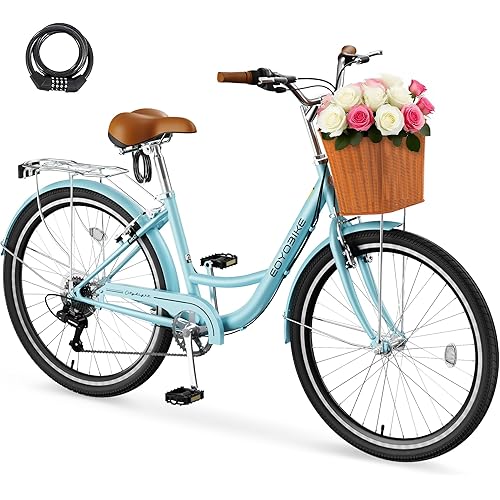 MOONCOOL Womens Bike 7 Speed, 24 26 inch Beach Cruiser Bikes for Women, Step Through Adult Bicycle with Front Basket for City Commuting