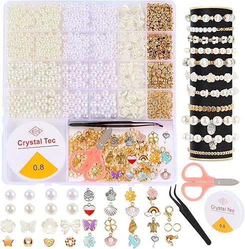 Miniatura 10 de Juego de 1200 cuentas de perlas y cuentas espaciadoras doradas para hacer pulseras de joyería, kit con cuerda y dijes para niñas, niños y adultos,