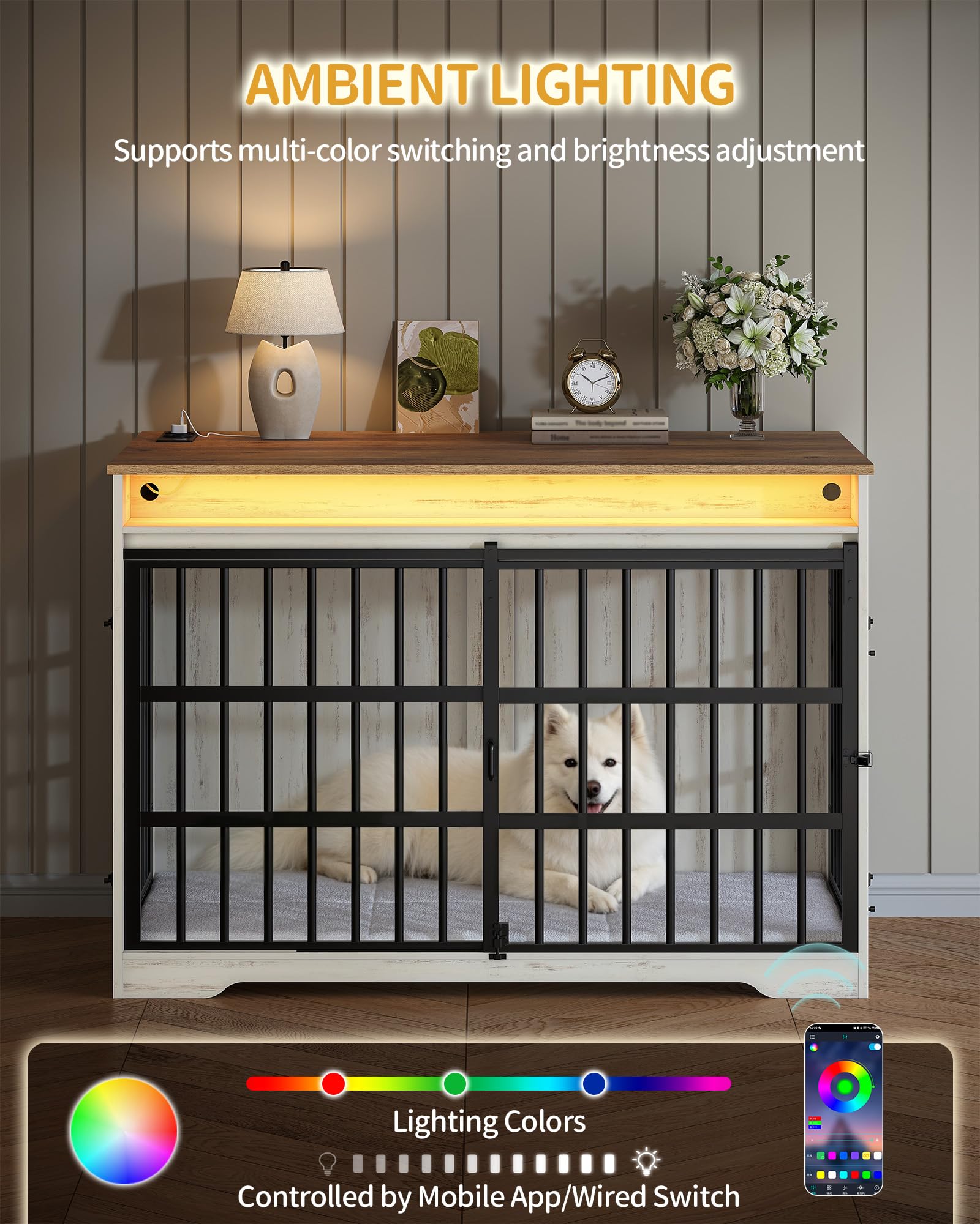 Hzuaneri Jaula Mueble Perro con Luces RGB & Regleta, 119 cm Caseta Interior de Madera Puerta Corredera para Perros Medianos Grandes, Jaula para Perros XXL, 119 × 70 × 99 cm, Blanco Marrón DFC90914BEU | Caja para perros para perros medianos y grandes, XXL