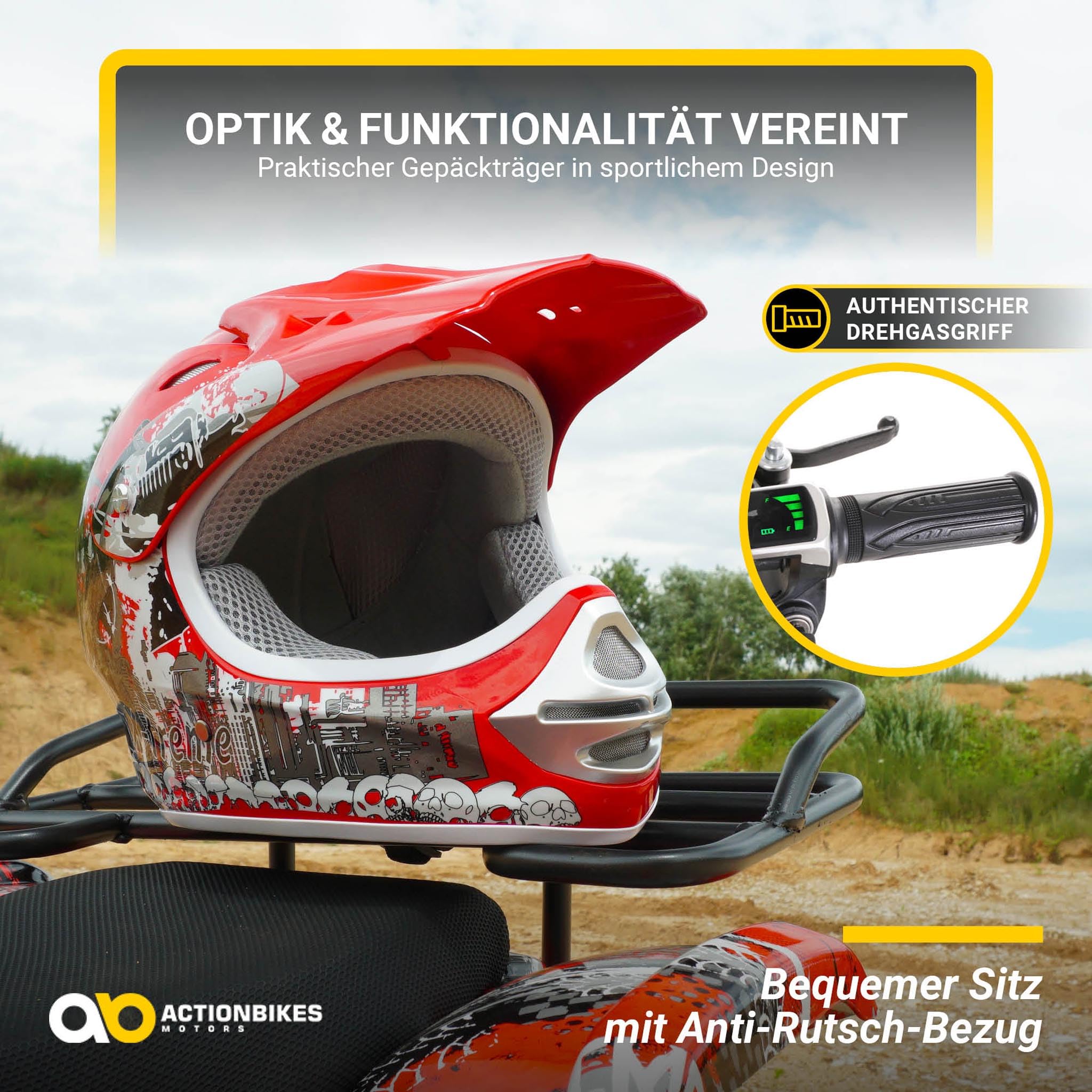 Actionbikes Motors Kinder Quad Elektro ATV Torino | 𝟑𝟔 Volt 𝟭𝟬𝟬𝟬 Watt Motor bis 𝟐𝟒 km/h - Kinderquad - Pocket Quad - Safety Fußschalter - Miniquad - Für Kinder ab 8 Jahren (Gelb Graffiti)
