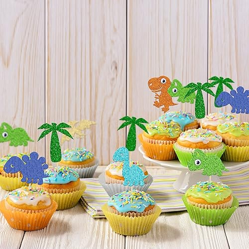 Miniatura 4 de 24 adornos de dinosaurio para cupcakes con purpurina verde, lindos adornos para baby shower, dinosaurios, cupcakes para dinosaurios, suministros de