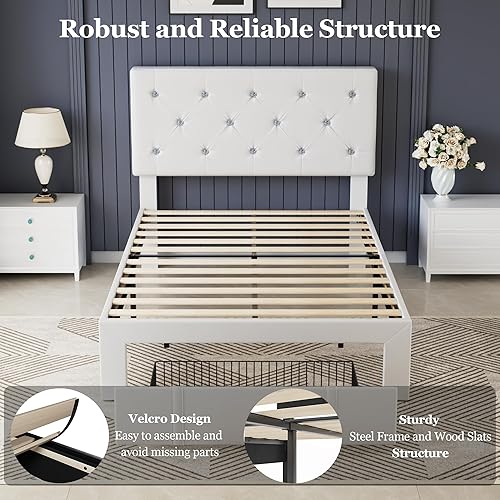 Miniatura 89 de VECELO Base de cama de tamaño individual, plataforma tapizada con cabecera ajustable de diamante, soporte de listones de madera, no necesita somier,
