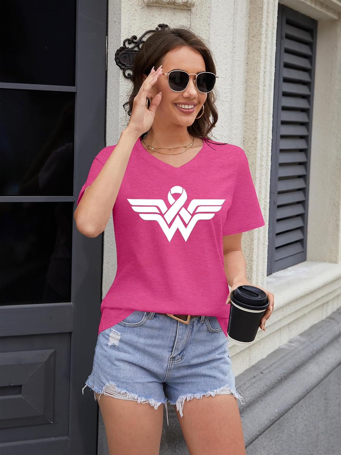 Breast Cancer Shirt for Women: Pink Ribbon T-Shirt Breast Cancer Awareness Short Sleeve V-Neck Tee Top - Image 3