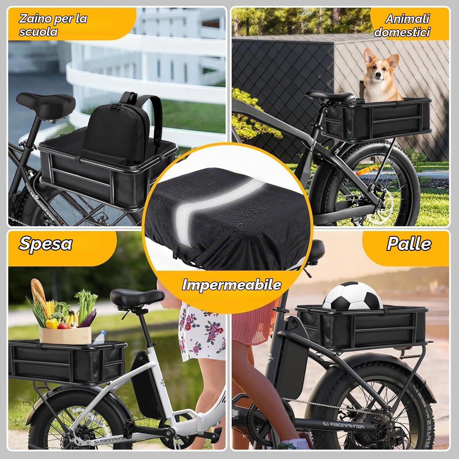 Cestino bicicletta posteriore, Grande cestino posteriore per bicicletta con fodera, Copertura impermeabile e Rete per Bagagli, 46×32×15 cm
