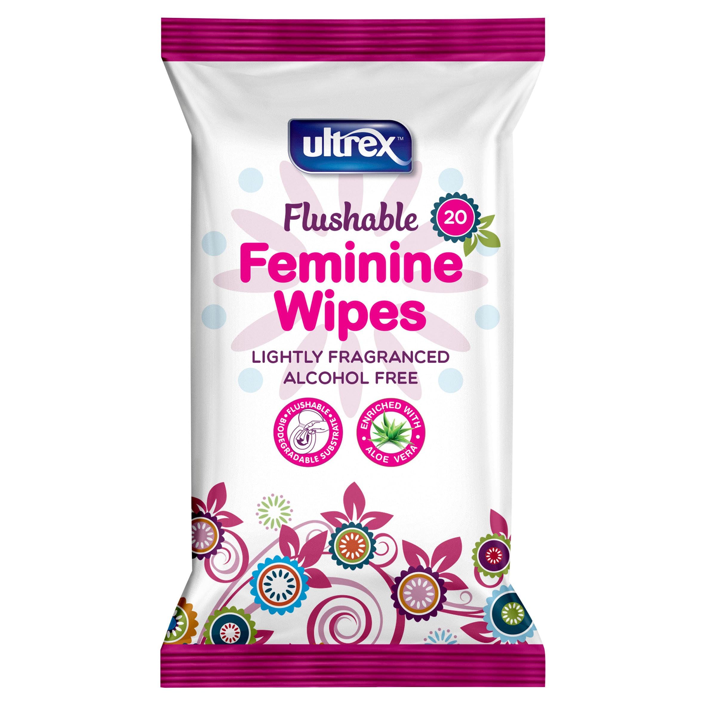 6X ULTREX FLUSHABLE FEMININE 20 WIPES ALCOHOL FREE | GENTLE PH | INTIMATE WIPES