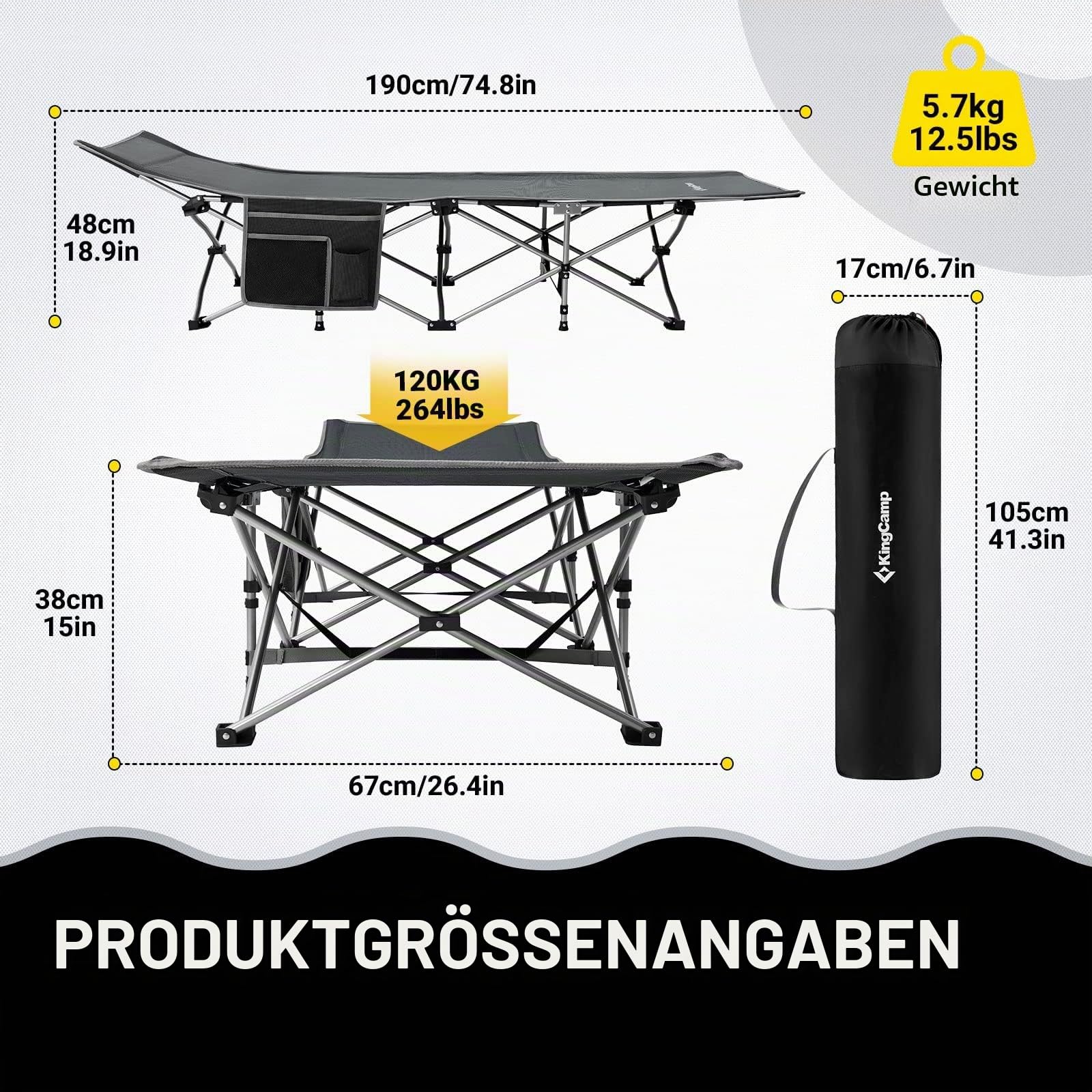 KingCamp Feldbett Klappbar Campingbett Klappbett Campingbett Ultraleicht Campingliege Faltbar mit Seitentasche Faltbar Gästebett für Outdoor Indoor Camping Garten Reisen Wohnwagen Zubehör 190 x 67 cm