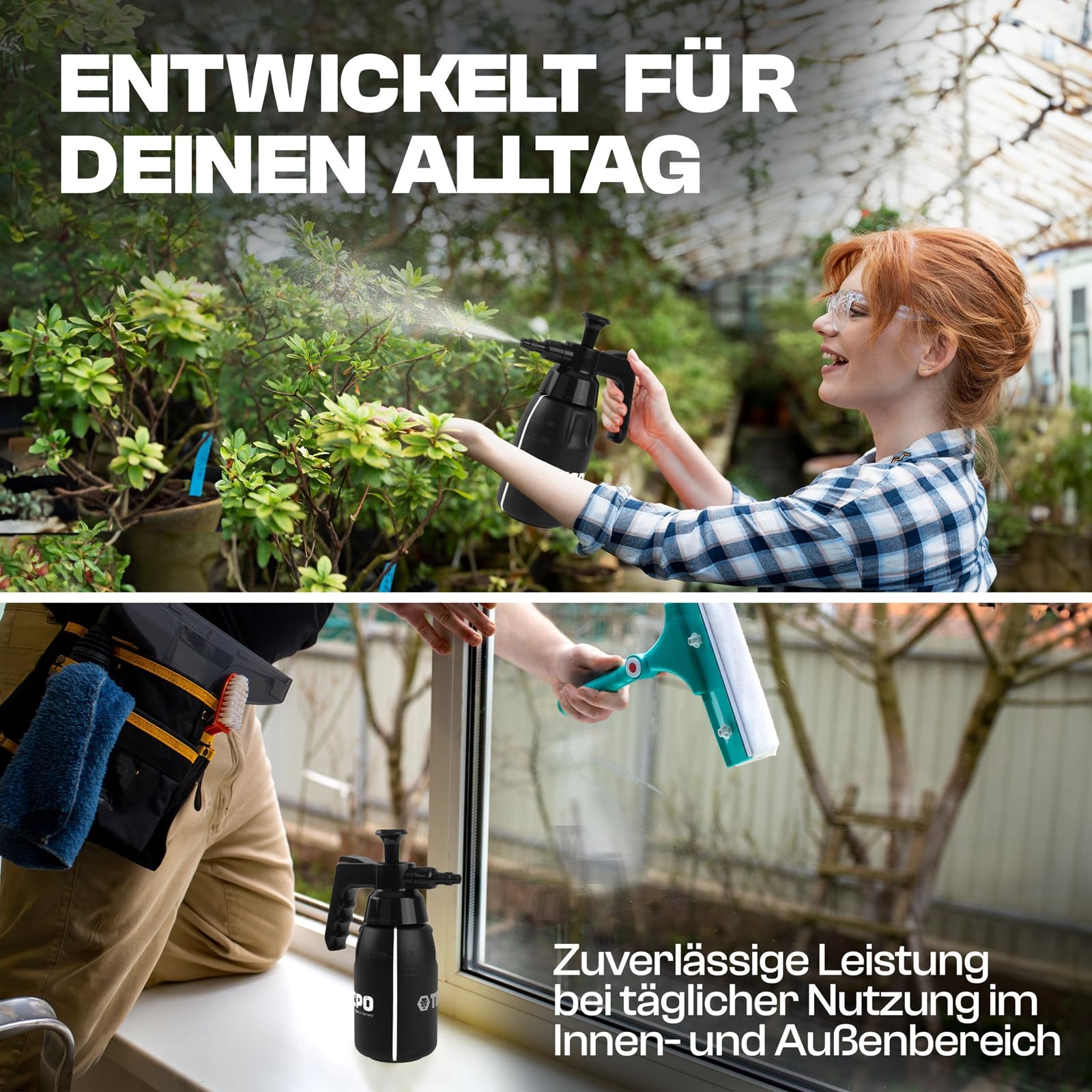 TECPO 3x Druckpumpzerstäuber 1L für Bremsenreiniger, Chemikalienbeständig, verstellbare Düse, 3 bar Druck, ergonomischer Griff, nachhaltiges Bio-PE, Pumpsprühflasche für Reinigung & Industrie