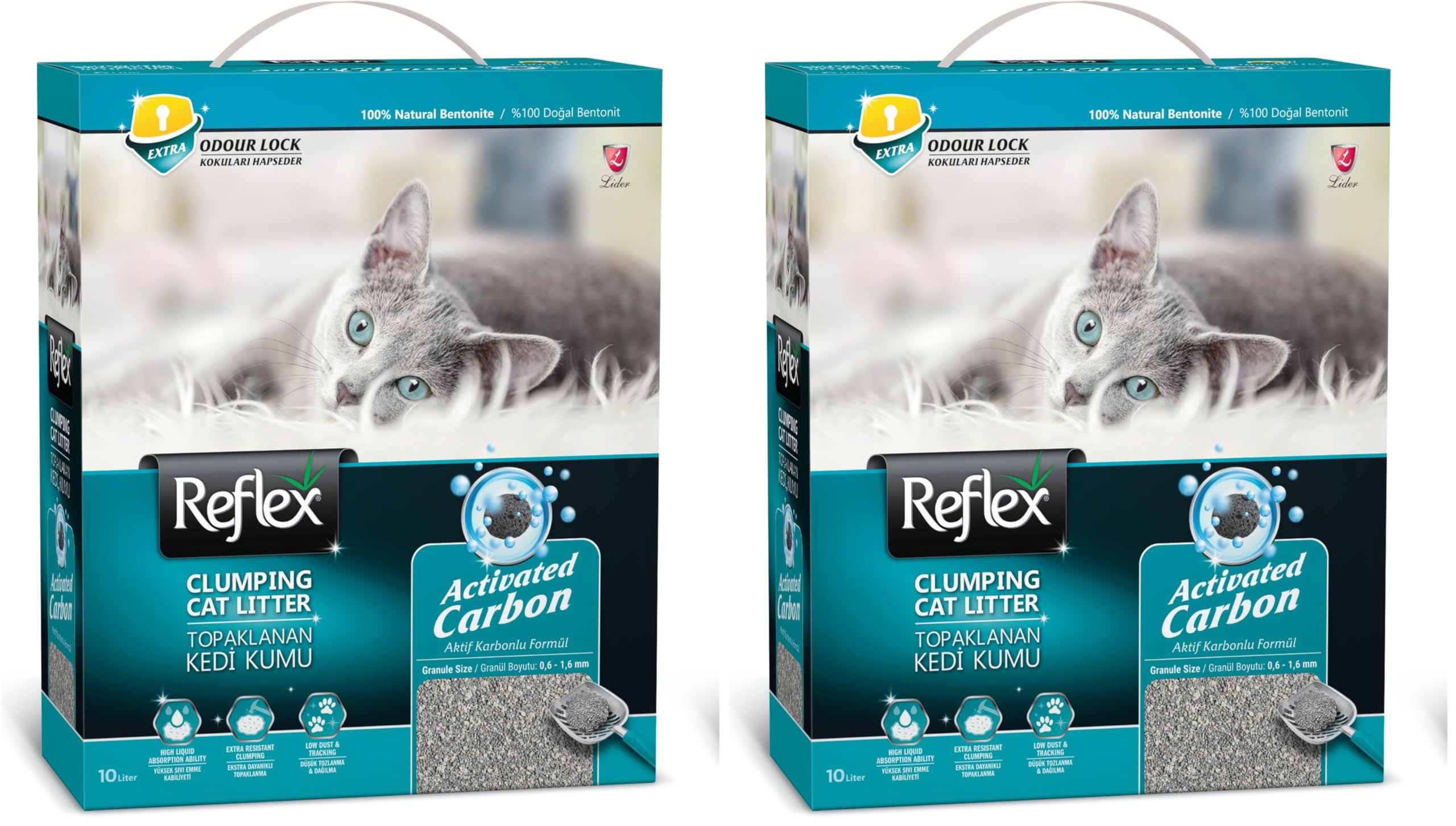 Reflex aktif Karbonlu Topaklanan Kedi Kumu, 10 L (2 paketi)