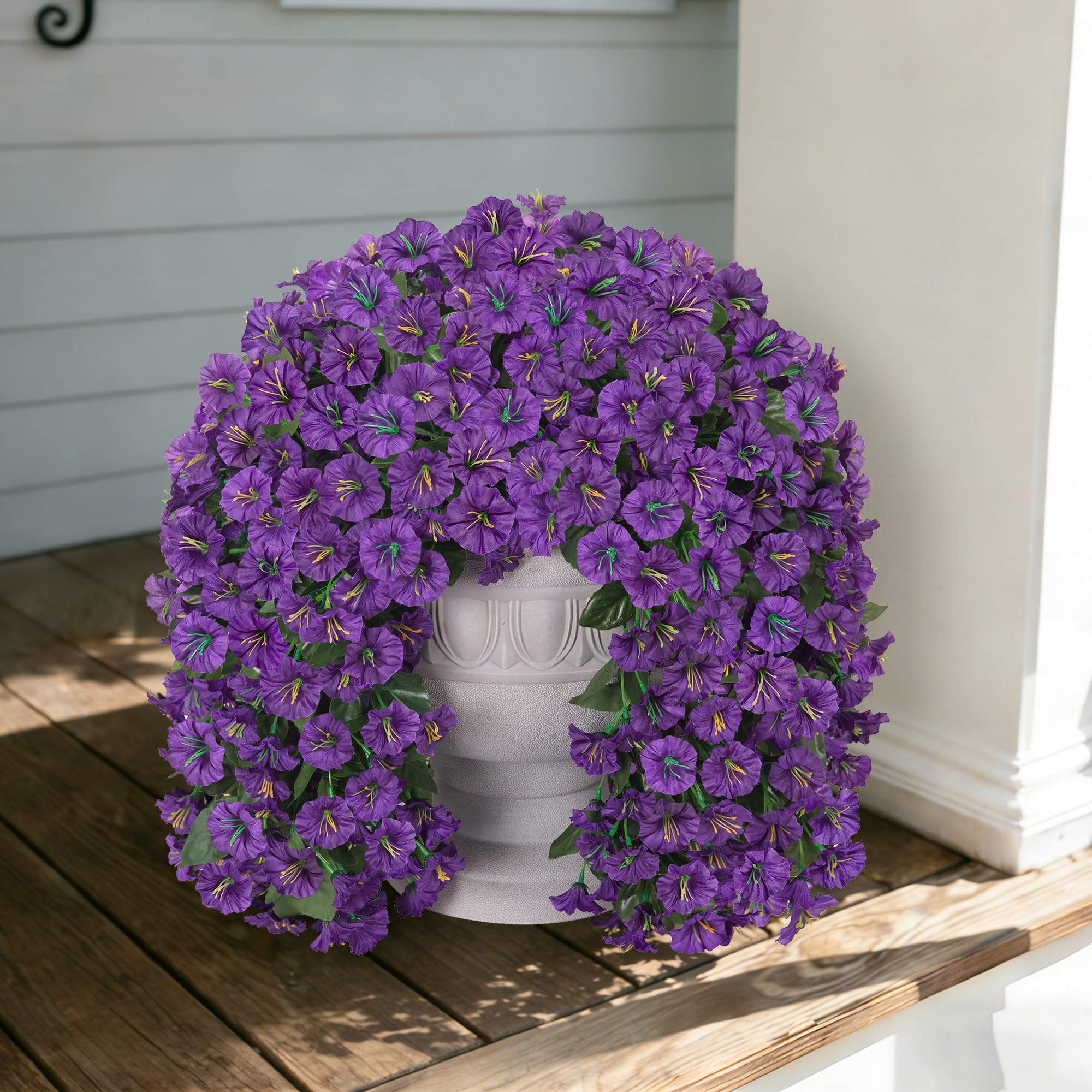 Fake Flowers for Outdoor Decoration, 2 Pcs Spring Silk Purple Morning Glory, Artificial Trailing Vines UV Resistant Realistic for Porch Patio Balcony