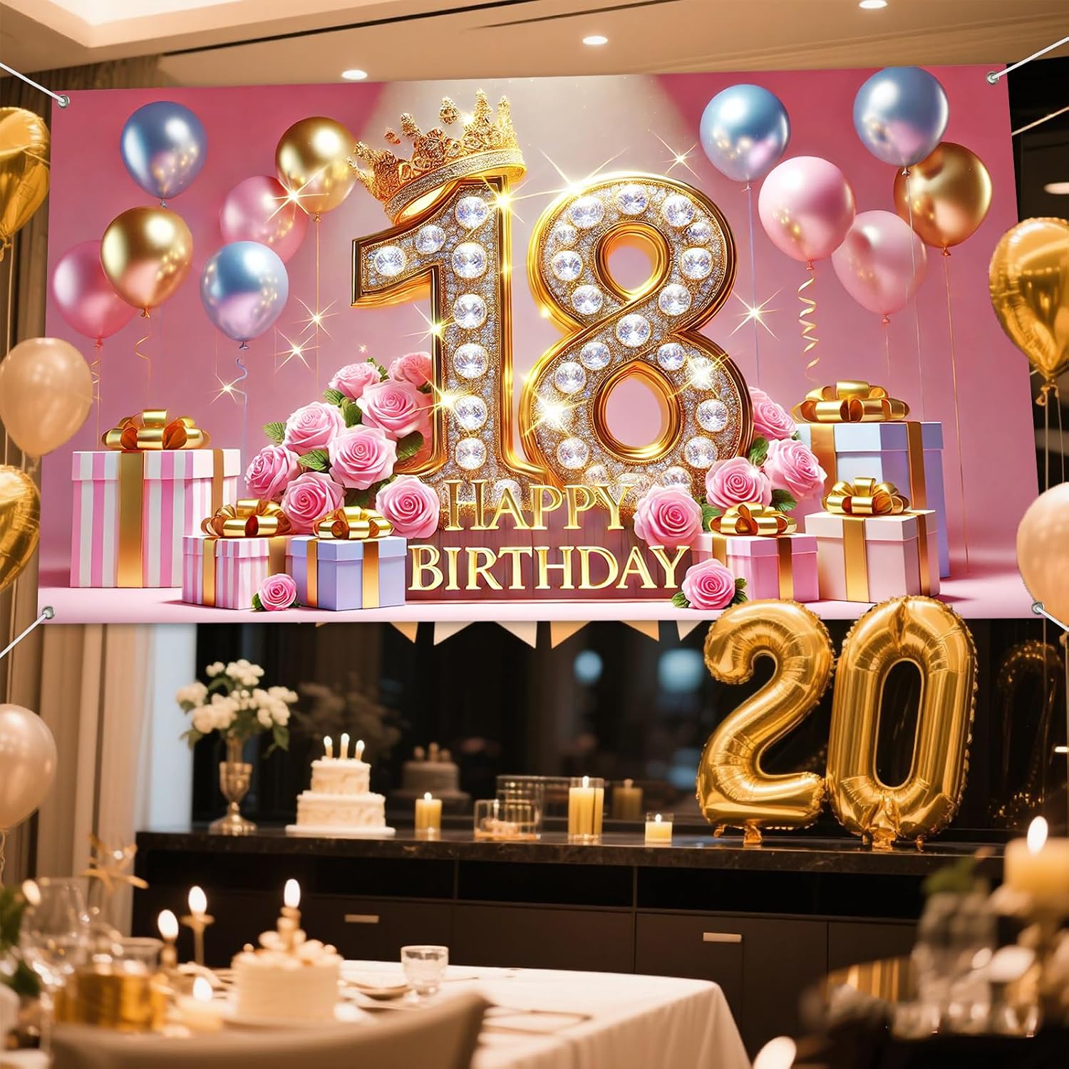 IVN 18th Happy Birthday Banner 71x43 Inch Crown Pink Roses Balloons image 4