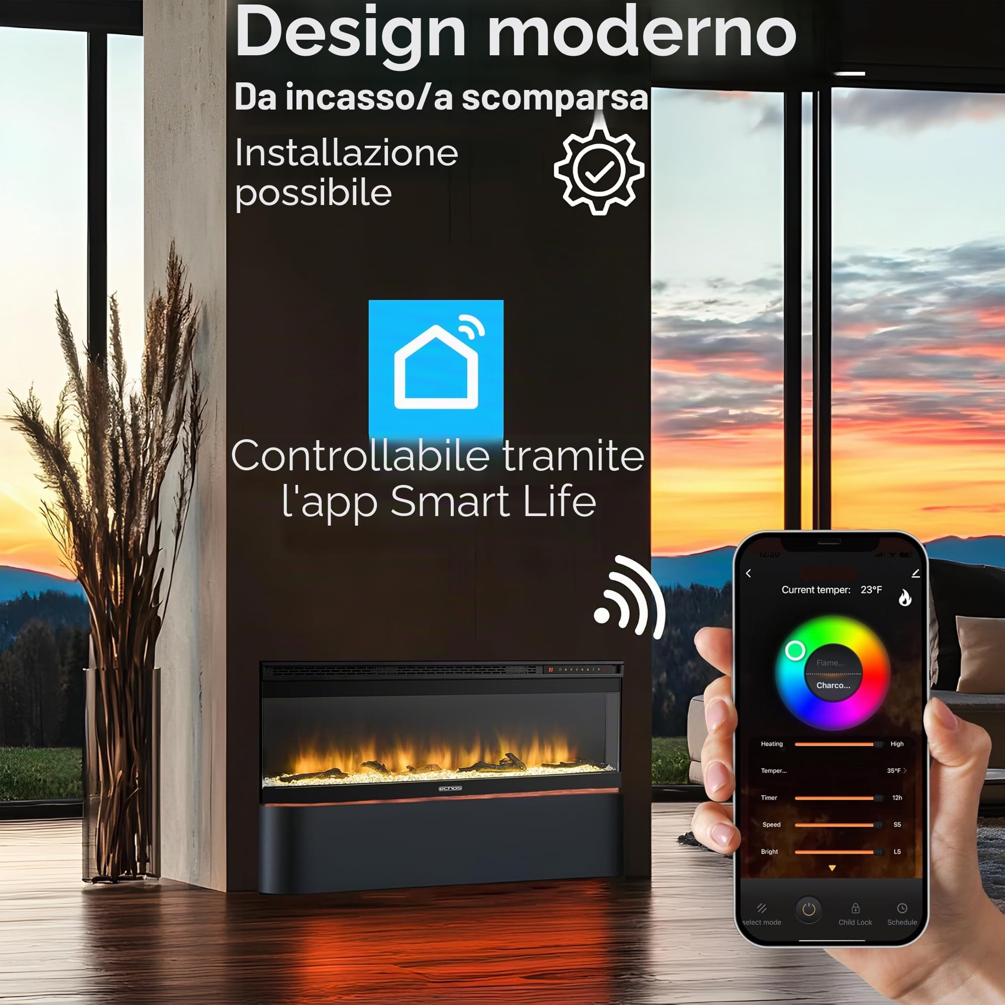 Camino elettrico con riscaldamento, termoventilatore a risparmio energetico, 1500 W, effetto fiamma