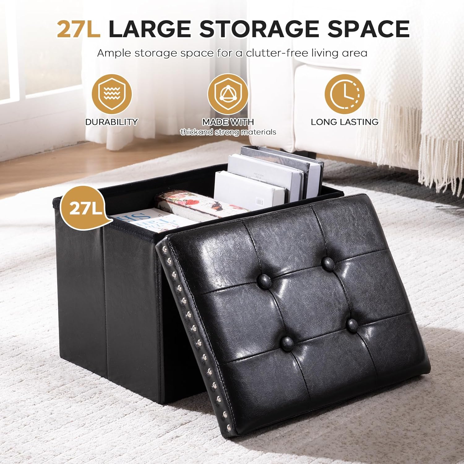 oakvivo Small Storage Ottoman Foot Rest Stool, 16x12x12 in Foldable Leather Footstool Storage Bench with Rivet Design, Thicker Foam Padded Seat, Footrest Under Desk for Living Room Bedroom, Black