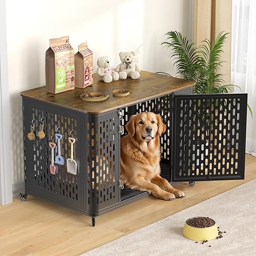 Mueble resistente para perros grandes y medianos, jaula de perro grande de 43.7 pulgadas con tapa abatible, cojín y ruedas, jaula para mascotas a