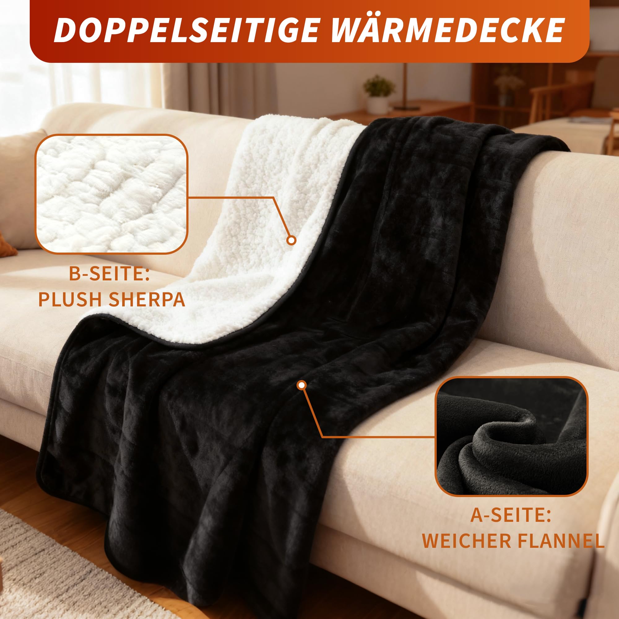 Citybee Heizdecke mit Abschaltautomatik Elektrische Wärmedecke 200x180cm - Beheizbare Kuscheldecke 6 Heizstufen mit 10 Stunden Timer Überhitzungsschutz - Heating Fleece Blanket Waschbar für Bett&Sofa