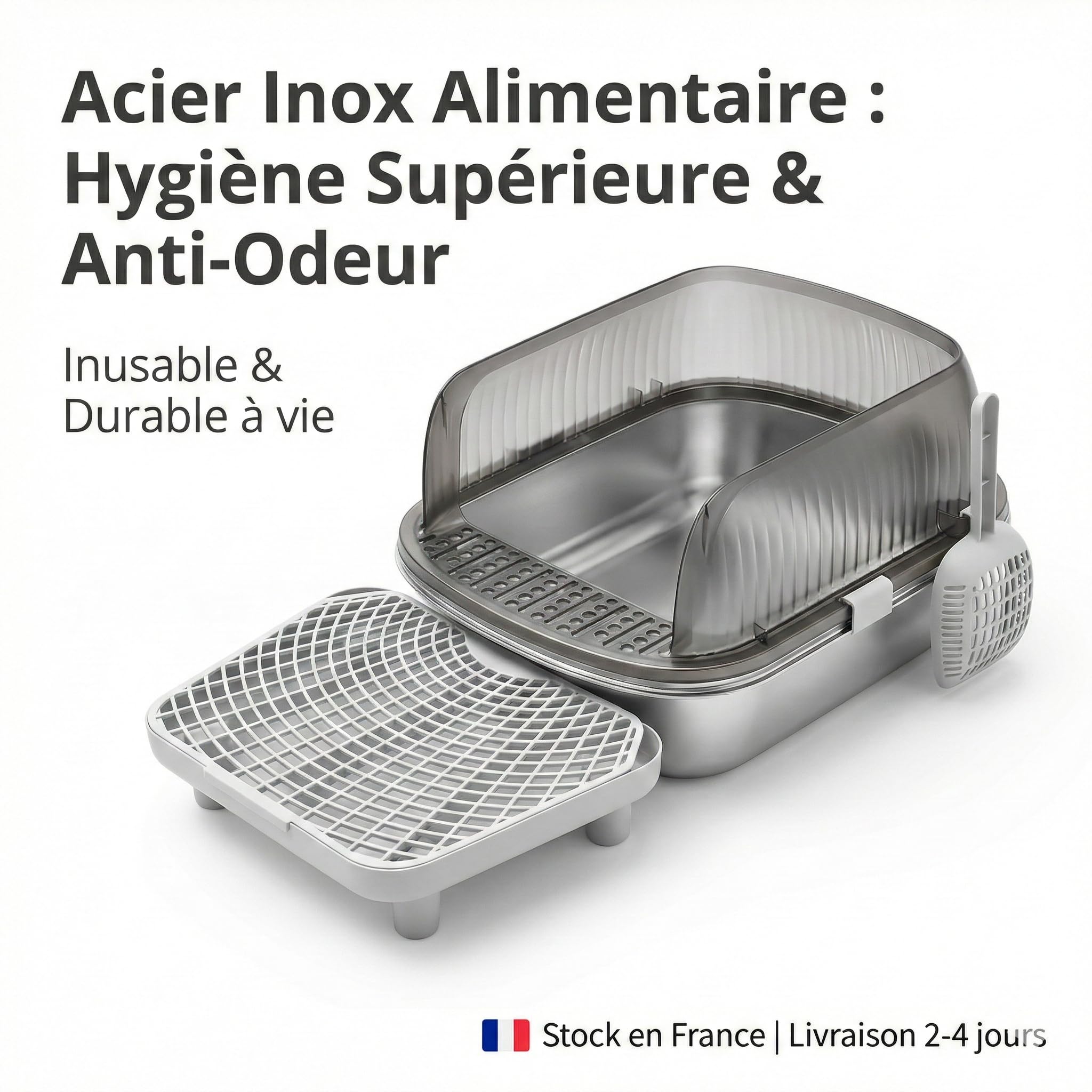 ZOOPARK Bac à Litière Chat XL 52cm INOX