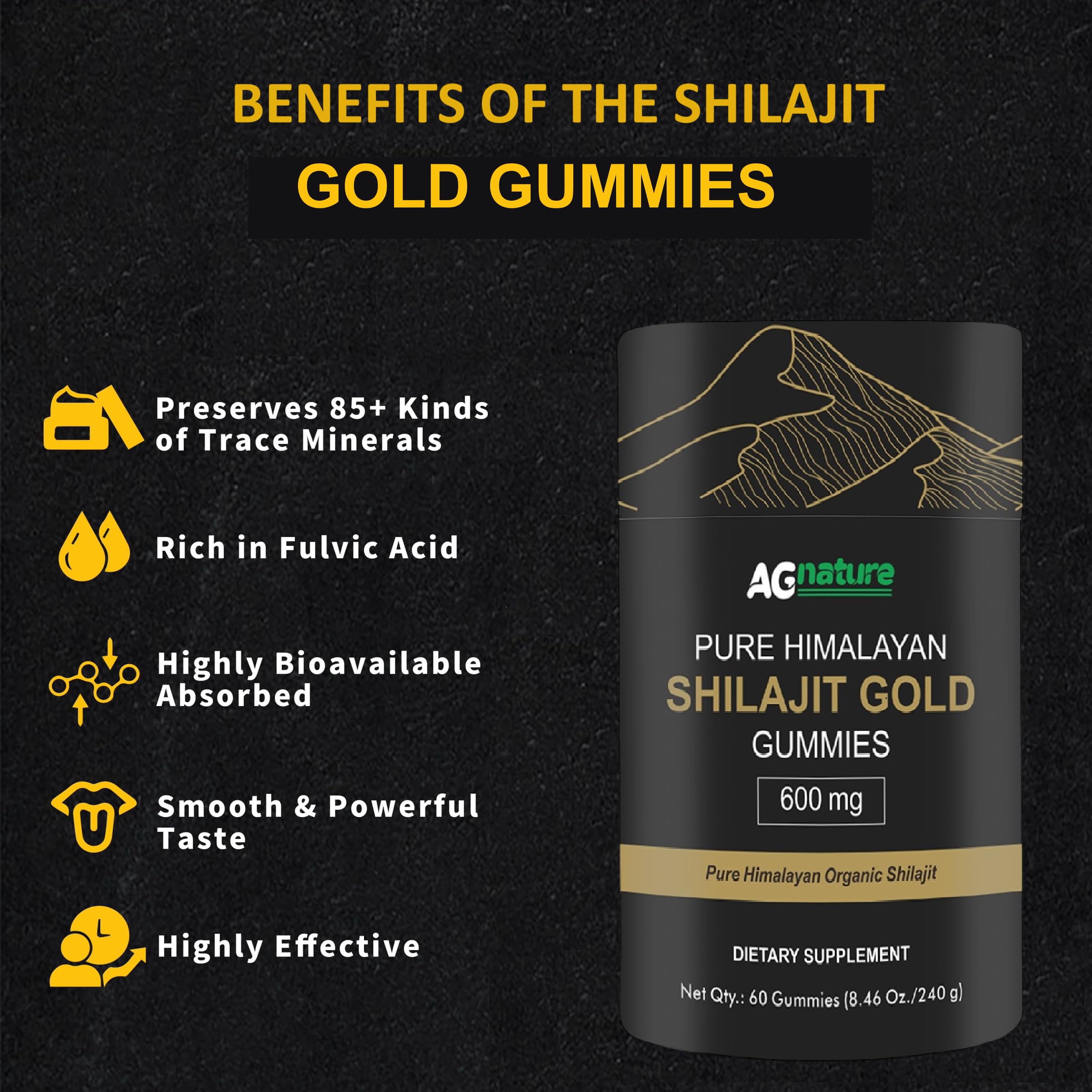 AG nature Shilajit Himalayano Originale 60 Caramelle Gommose- Integratore Alimentare Naturale con +85 Minerali e Acido Fulvico e Umico