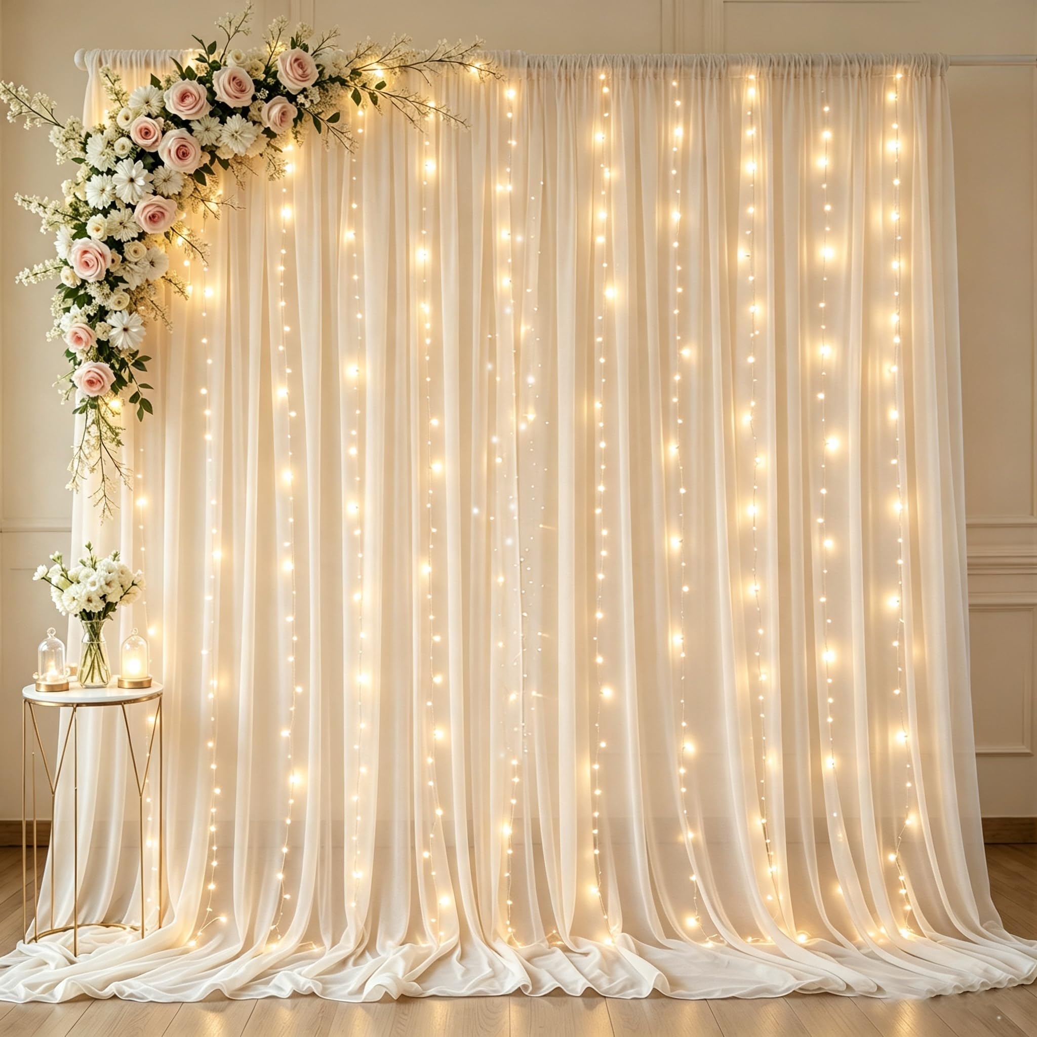 View 1 of 10ft x 10ft Ivory Chiffon Backdrop Curtain with Lights for Parties 2 Panels