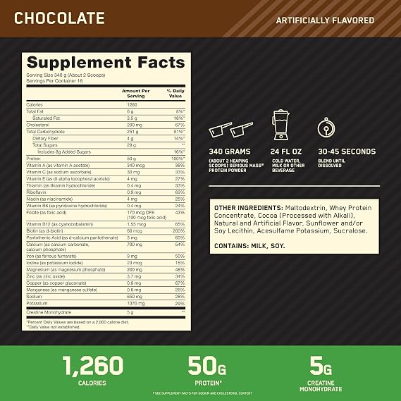 Optimum Nutrition Serious Mass, Weight Gainer Protein Powder, Mass Gainer, Vitamin C and Zinc for Immune Support, Creatine, Chocolate, 6 Pound (Packaging May Vary)
