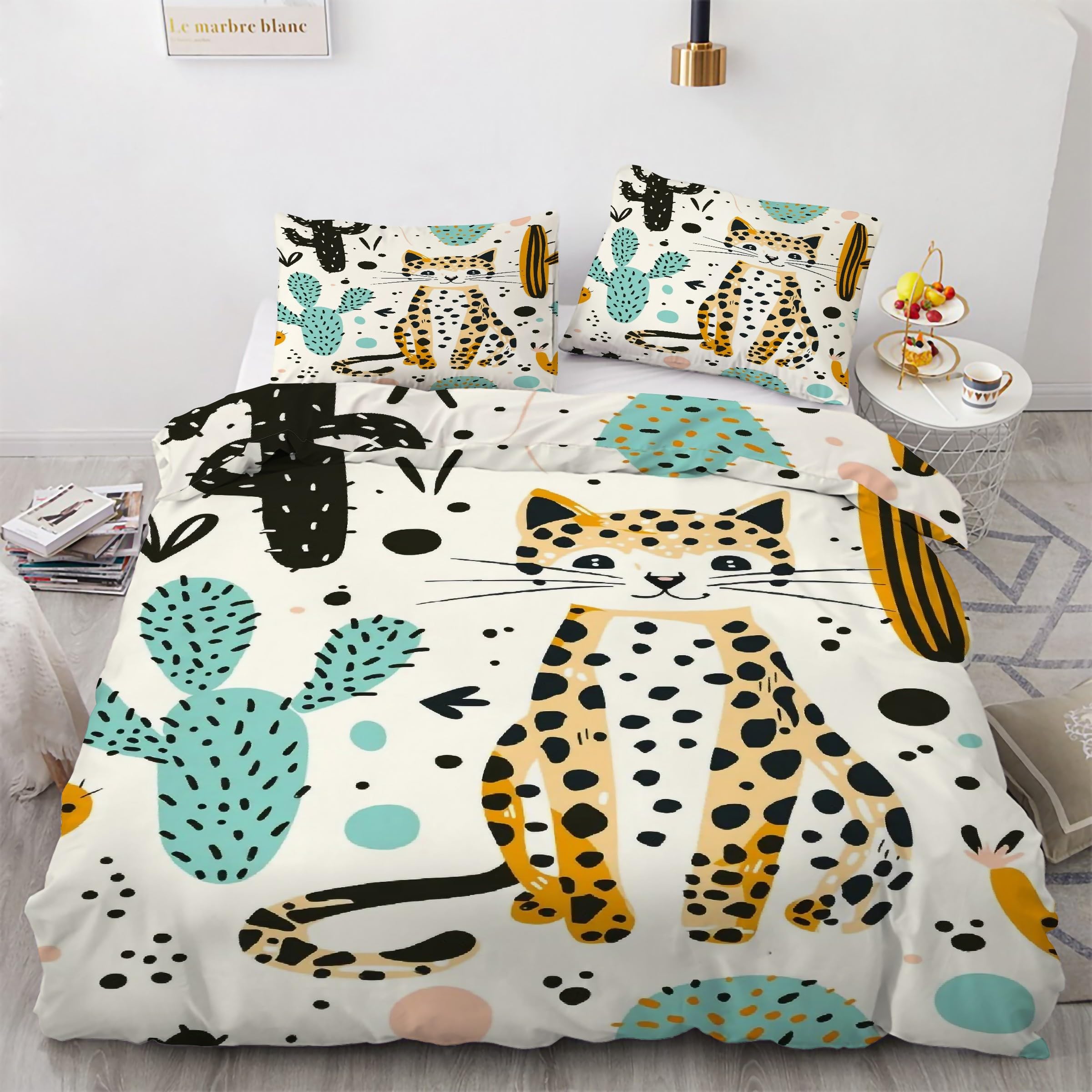 Ensemble de literie avec fermeture éclair motif chat tacheté et cactus KG2621