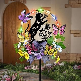 Cat Solar Lights Outdoor Garden,Silhouette Cat with Butterflies Waterpro...