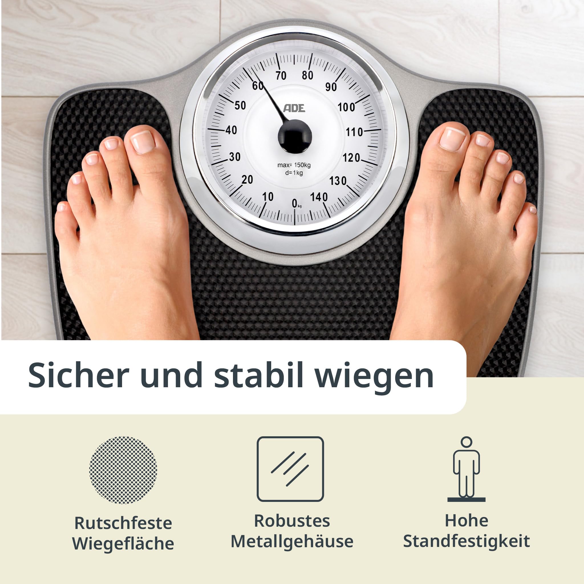 ADE Personenwaage analog bis 150 kg | mechanische Körperwaage mit großer rutschfester Wiegefläche | extra große Vollsichtskala