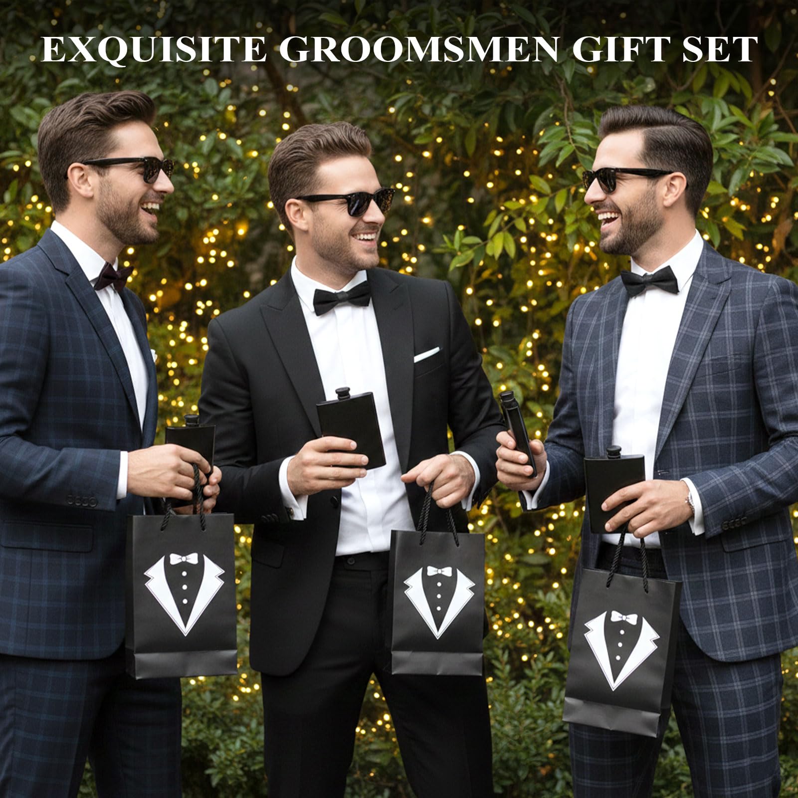 60 Pcs Groomsmen Proposal Gifts Set of 6 – Gift Bags with Shot Glasses Sunglasses PU Leather Toiletry Bag Bottle Opener Combs Coasters for Wedding Groomsman Best Man Bachelor Party