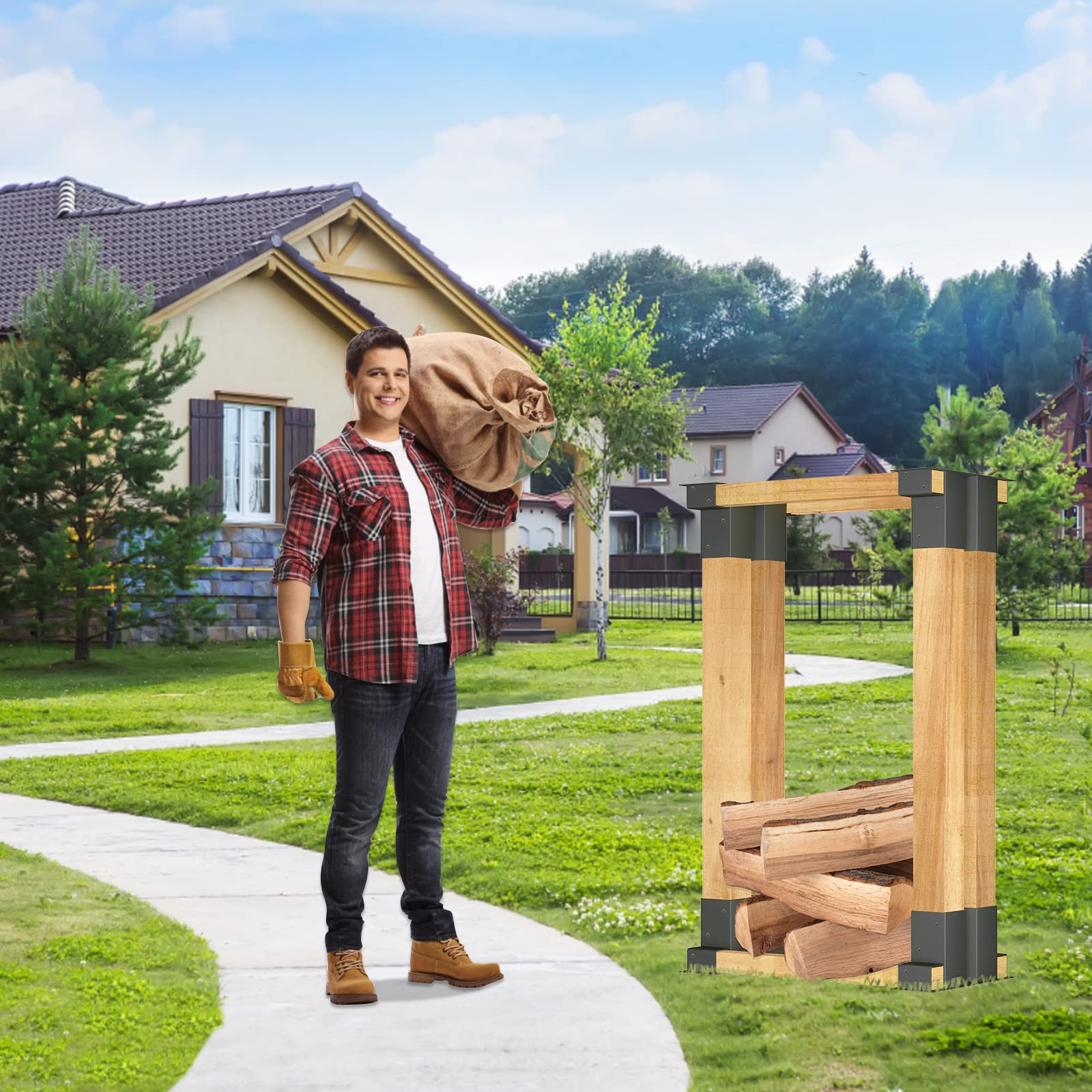 YRHome Supporto impilabile in legno zincato a caldo, stabile supporto per impilare legna da ardere, legno (4 pezzi)