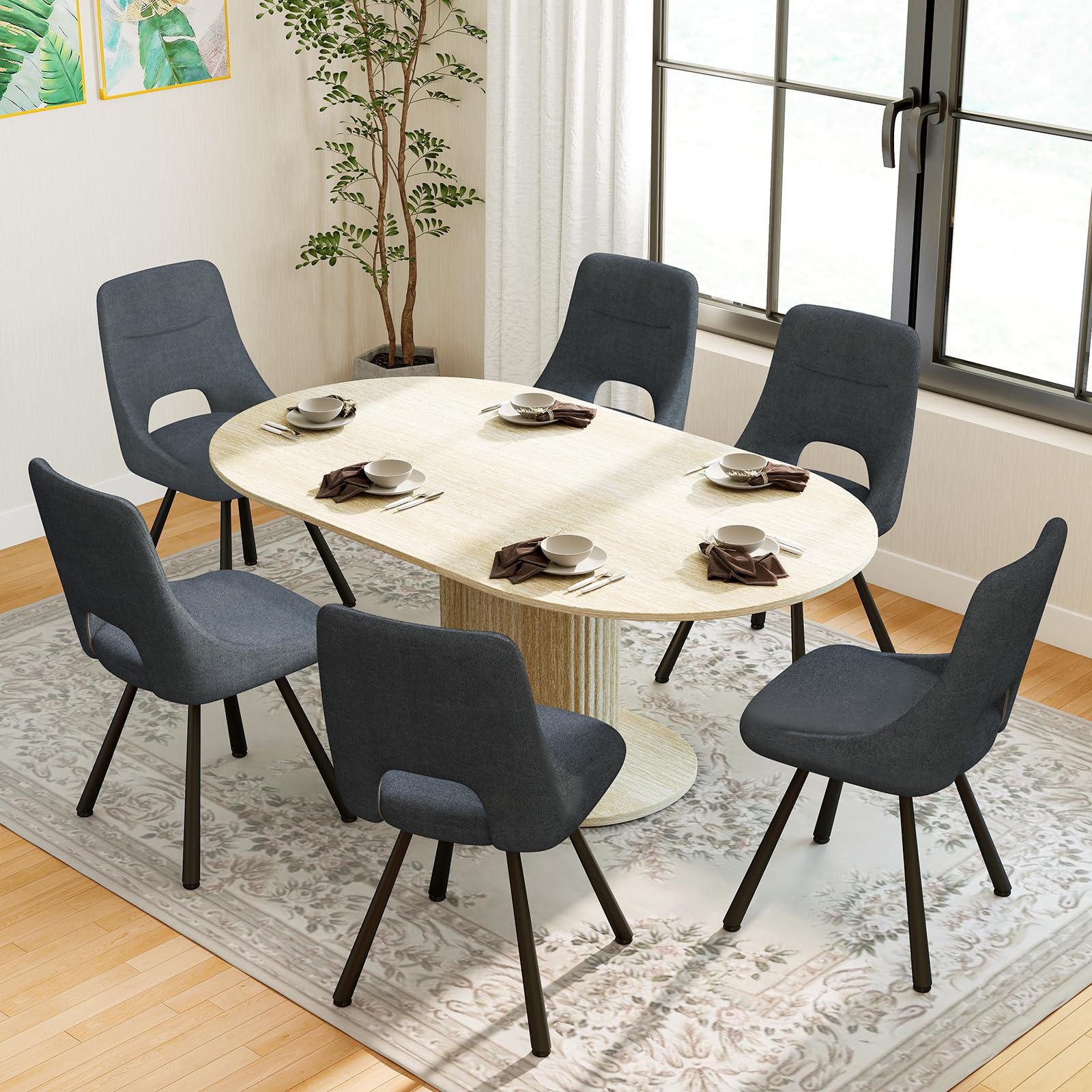 WAFTING Esszimmerstühle Drehbar 6er Set, 360° Drehbare Stuhl, 48 cm Breite Sitzfläche, Gepolsterte Küchenstühle mit Durchbrochene Rückenlehne, für Esszimmer, Küche, Wohnzimmer und Cafés, Dunkelgrau