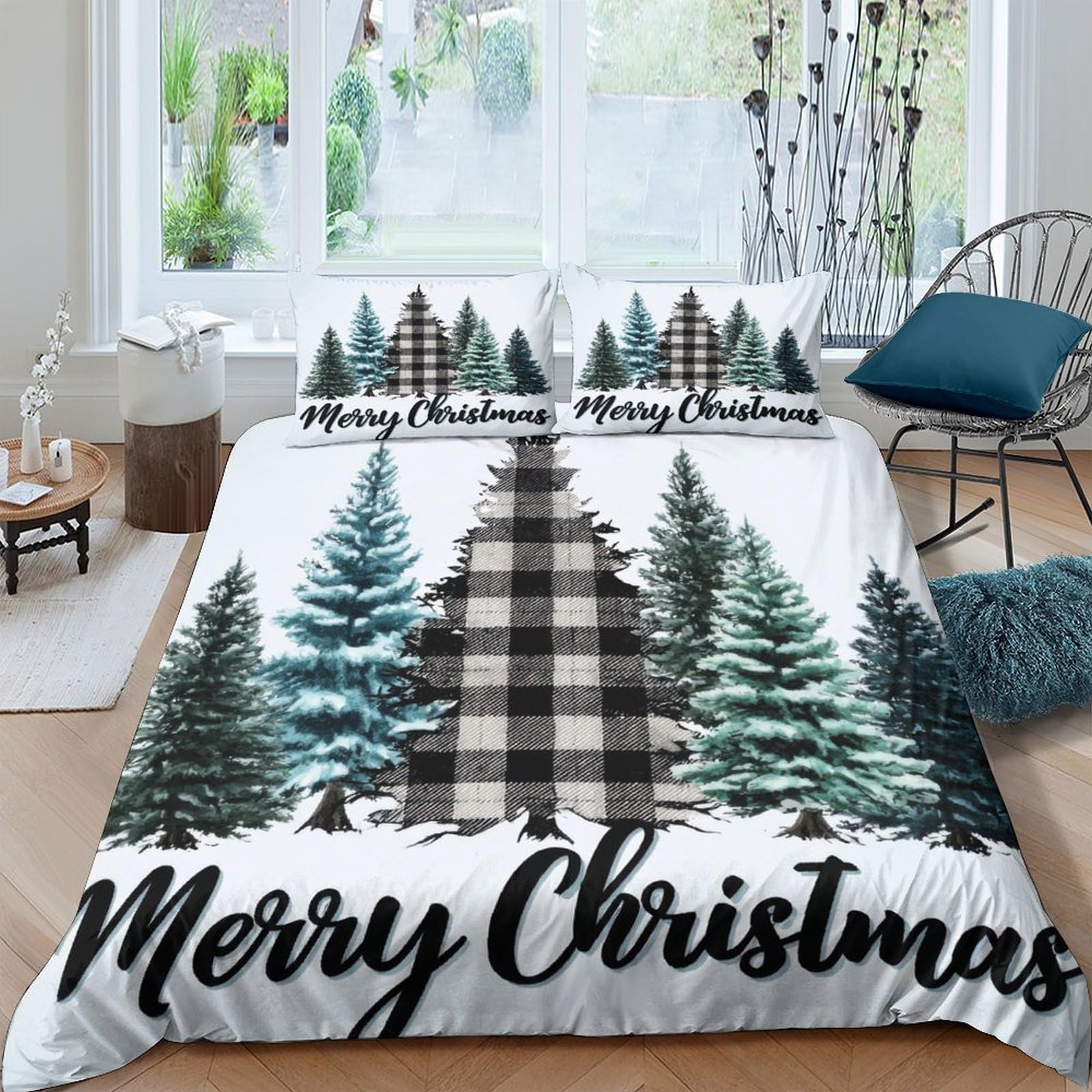 Ctjqhvkz Style-7 3D Printed Christmas Pine Tree Fitted Sheet Microfiber Soft Green Black Plaid Bed Cover For Bedroom Guest Room Decor Single（135X200cm）