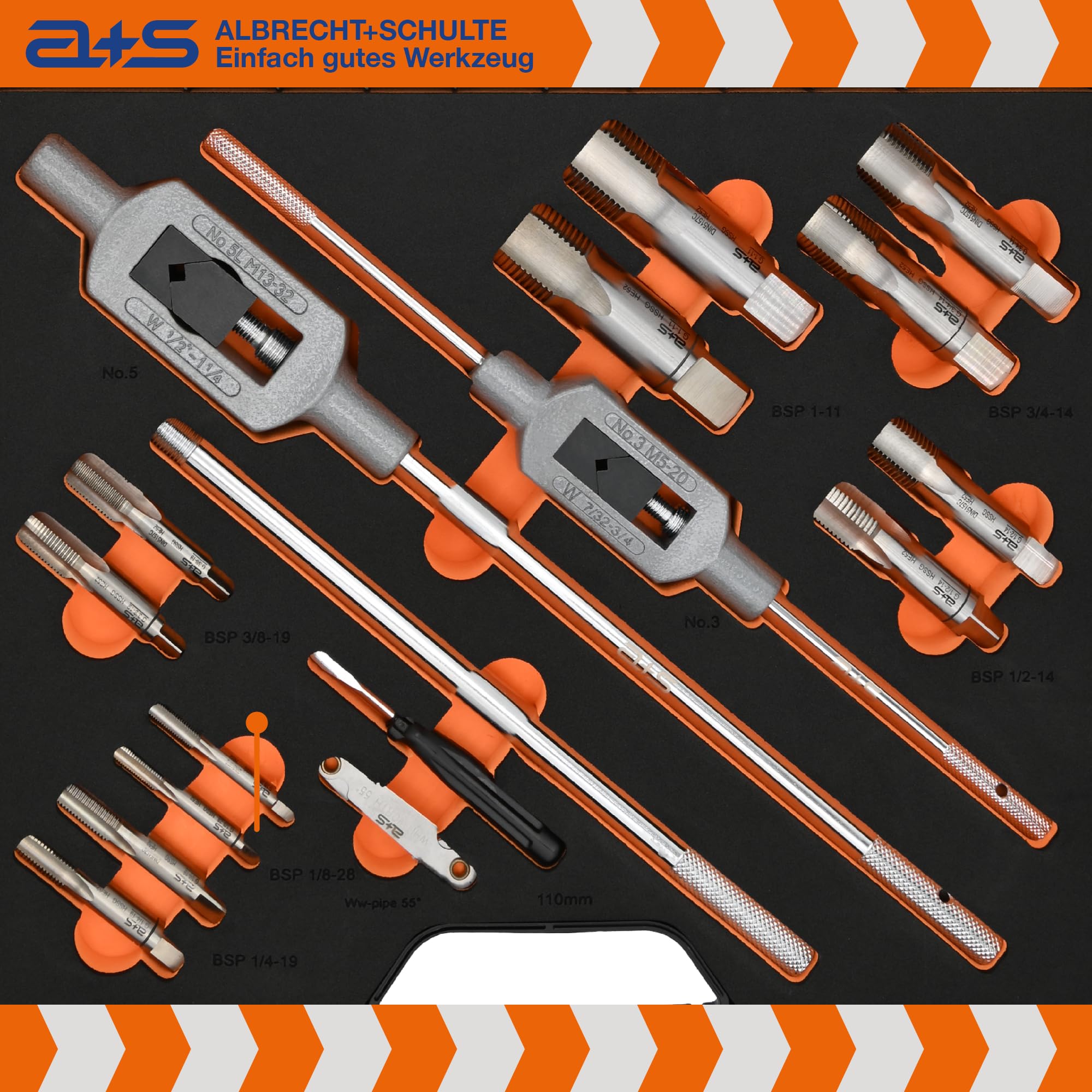 a+s HSS BSP G Rohrgewindeschneider Set | 1/8-1'', 27-tlg. | Gewindeschneider Set Zoll | Whitworth Rohrgewinde