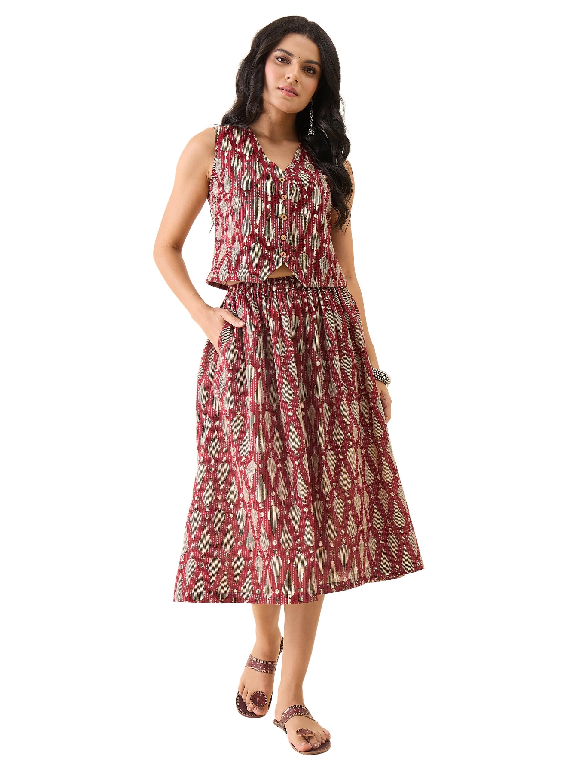 winered Women's Printed Sleeveless V-Neck Button Front Top with Flared Midi Skirt Co-Ord Set | Casual Matching Set-picture-42