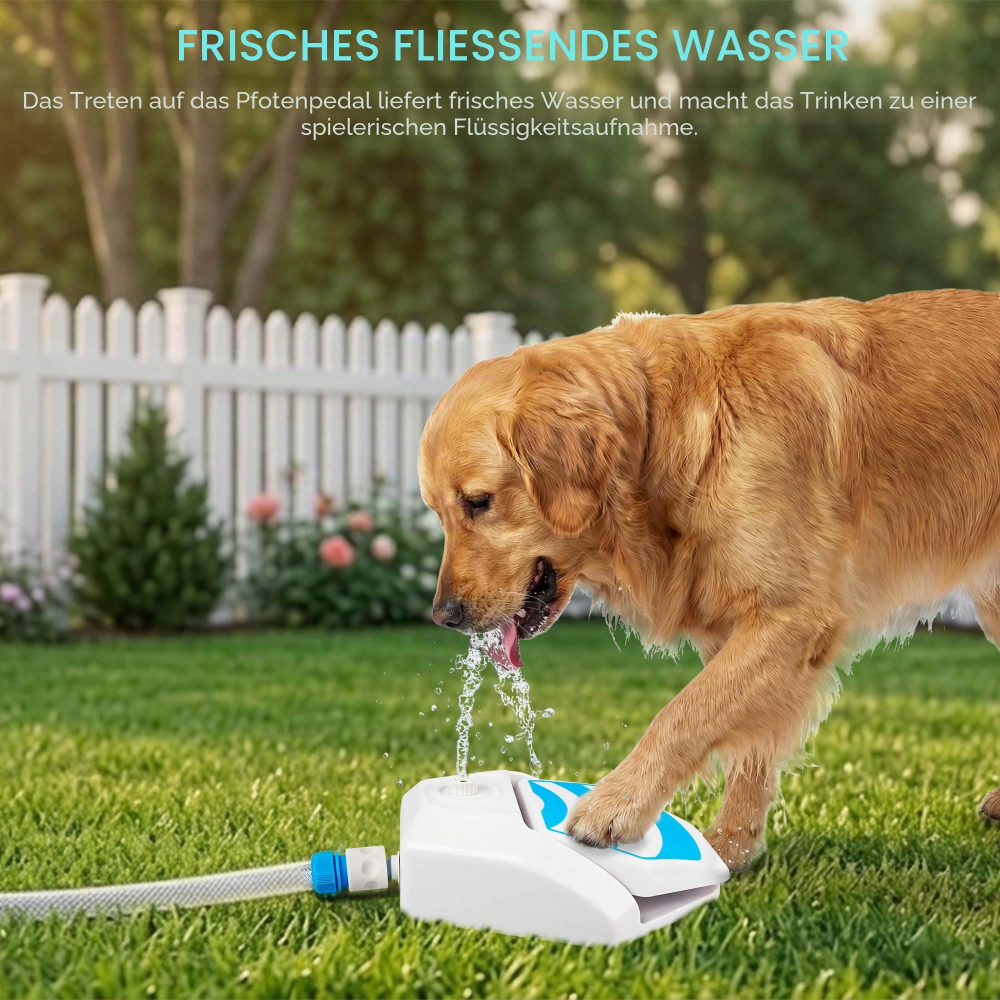 ALL FOR PAWS Hunde Trinkbrunnen Outdoor - Automatischer Wasserspender mit Sprinkler für Hunde, Hydration Station mit Kühlfunktion, Gartenspielzeug mit Schlauchanschluss (145cm), Neuversion