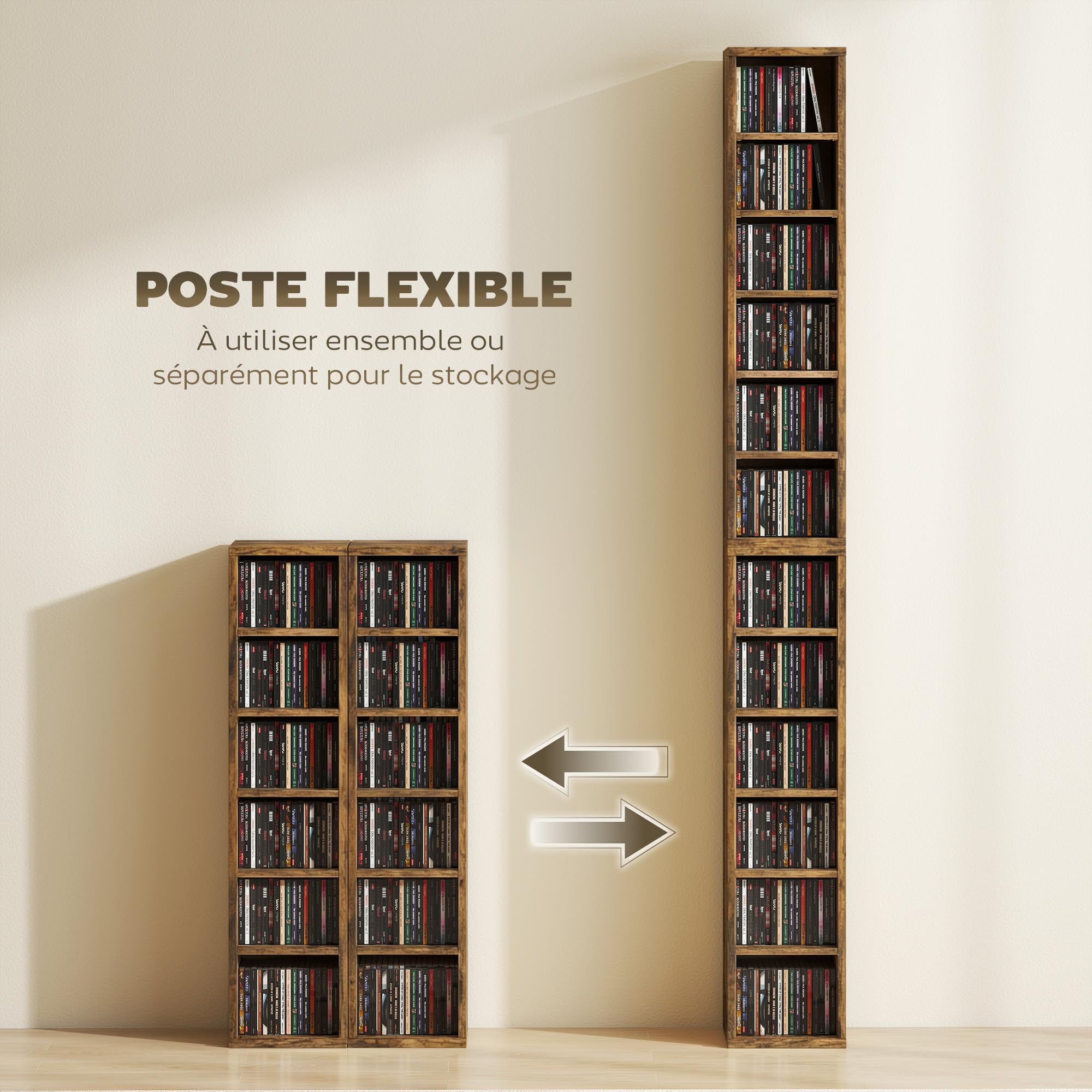 HOMCOM Lot de 2 étagères colonnes Armoire de Rangement CD-DVD 6 + 6 Compartiments 21 x 22,5 x 88,5 cm capacité Max. 204 CD Brun Rustique