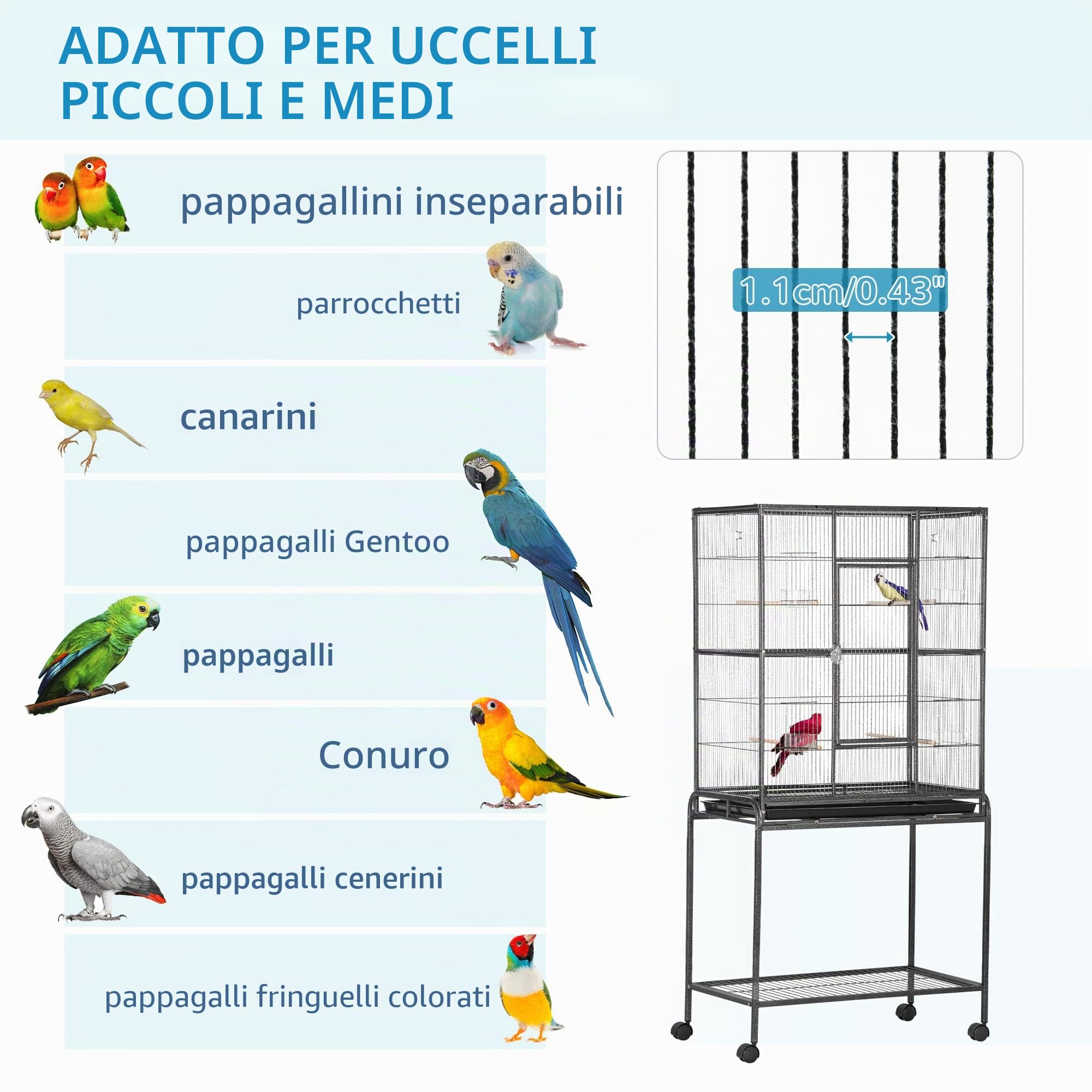 PawHut Gabbia per uccelli, portatile, gabbia per uccelli, con 4 mangiatoie e 4 posatoi pratici, 77 x 47 x 163 cm, colore: nero e grigio